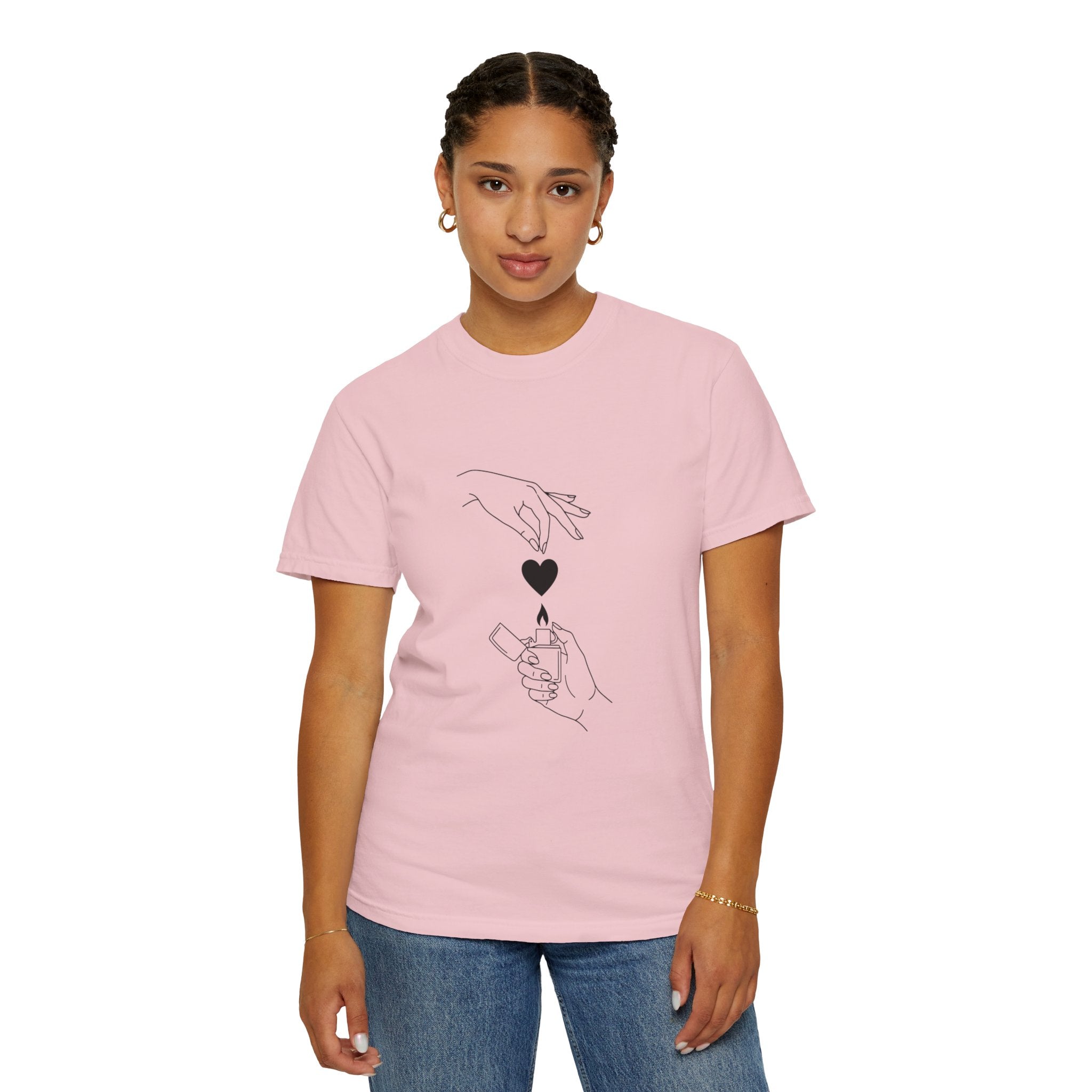 Heart Flame T-Shirt — Minimal Line Art Hands Lighting Heart Graphic