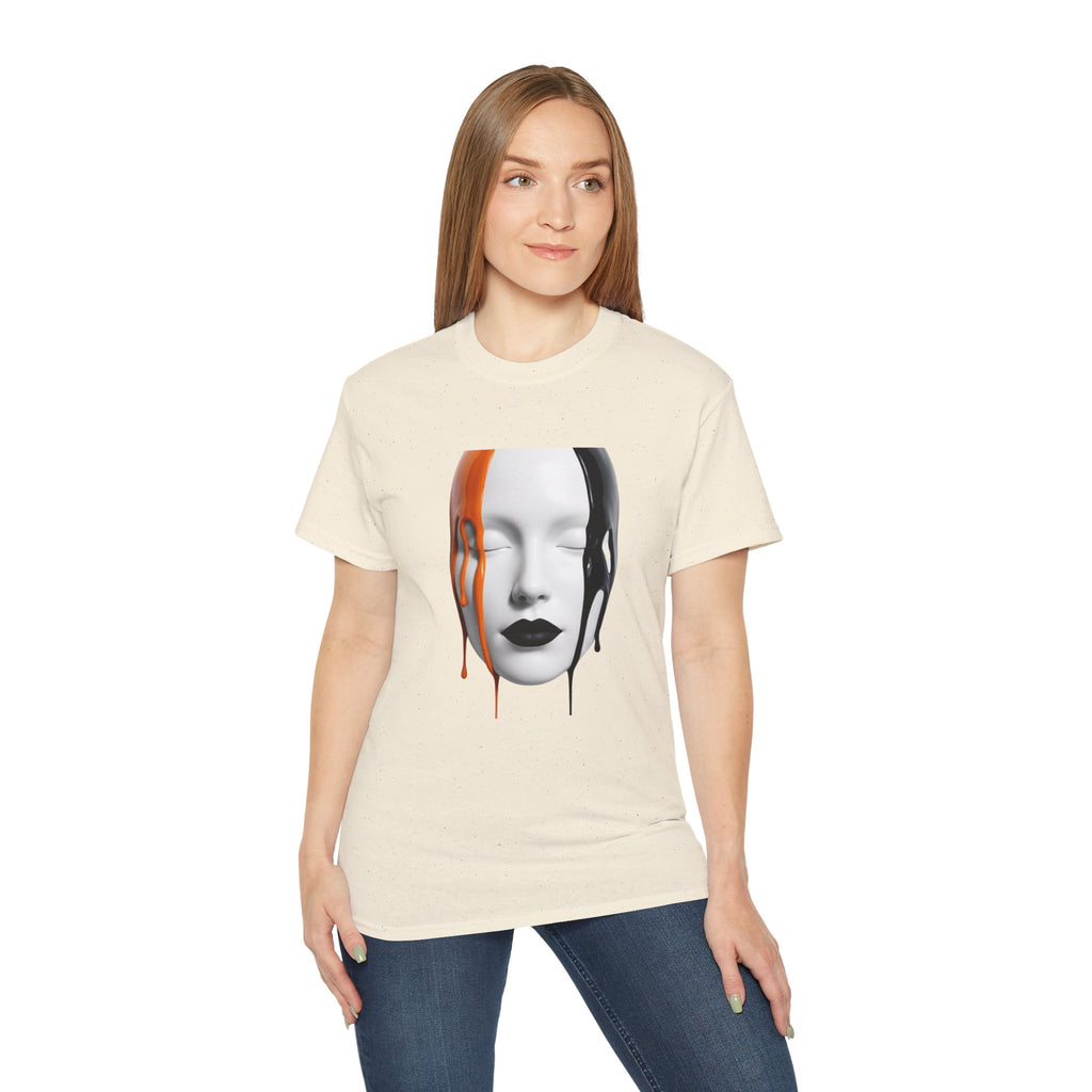 Mask Face Tee — Dripping Black & Orange Art T-Shirt