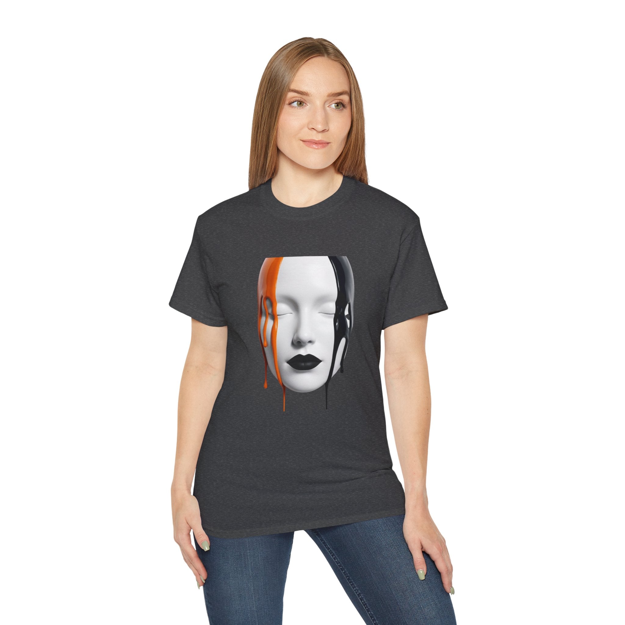 Mask Face Tee — Dripping Black & Orange Art T-Shirt