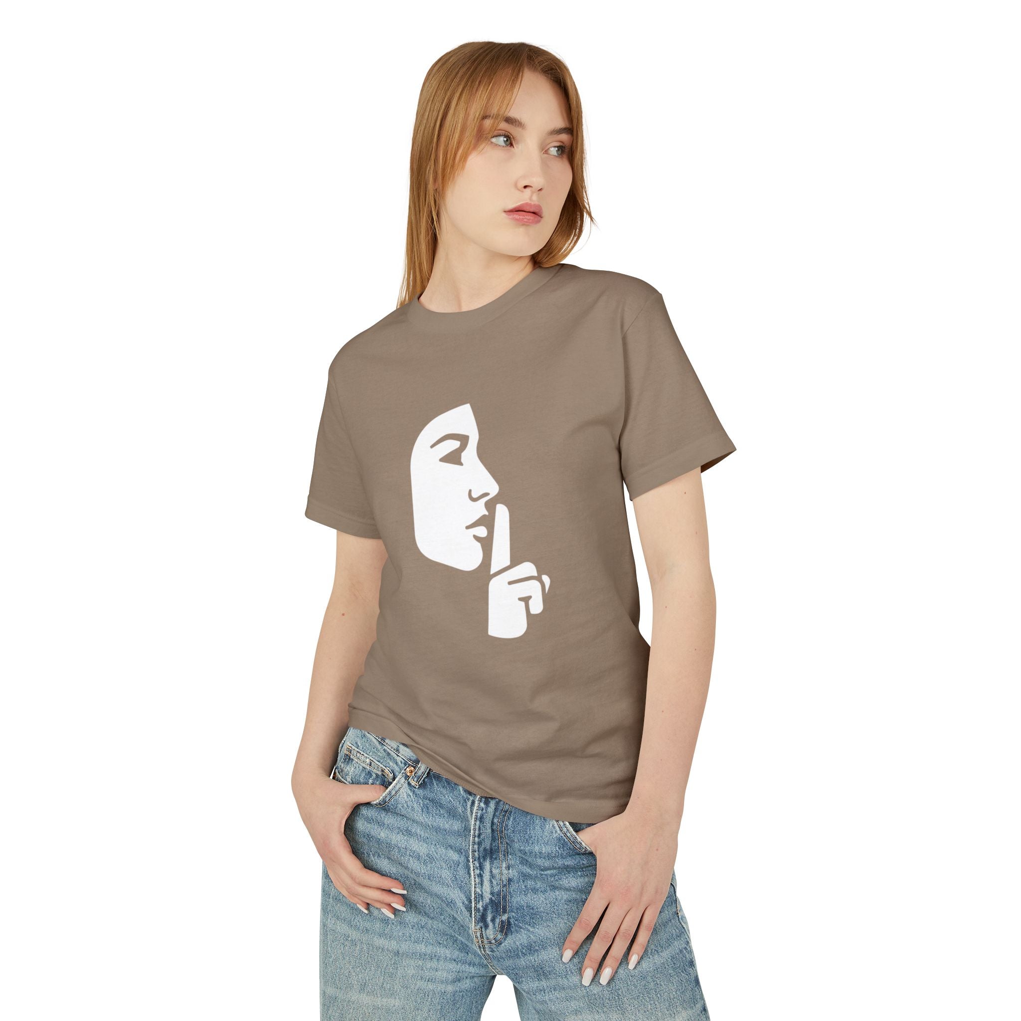 Shh Finger Over Lips Graphic Tee — Silent Face Minimalist T-Shirt