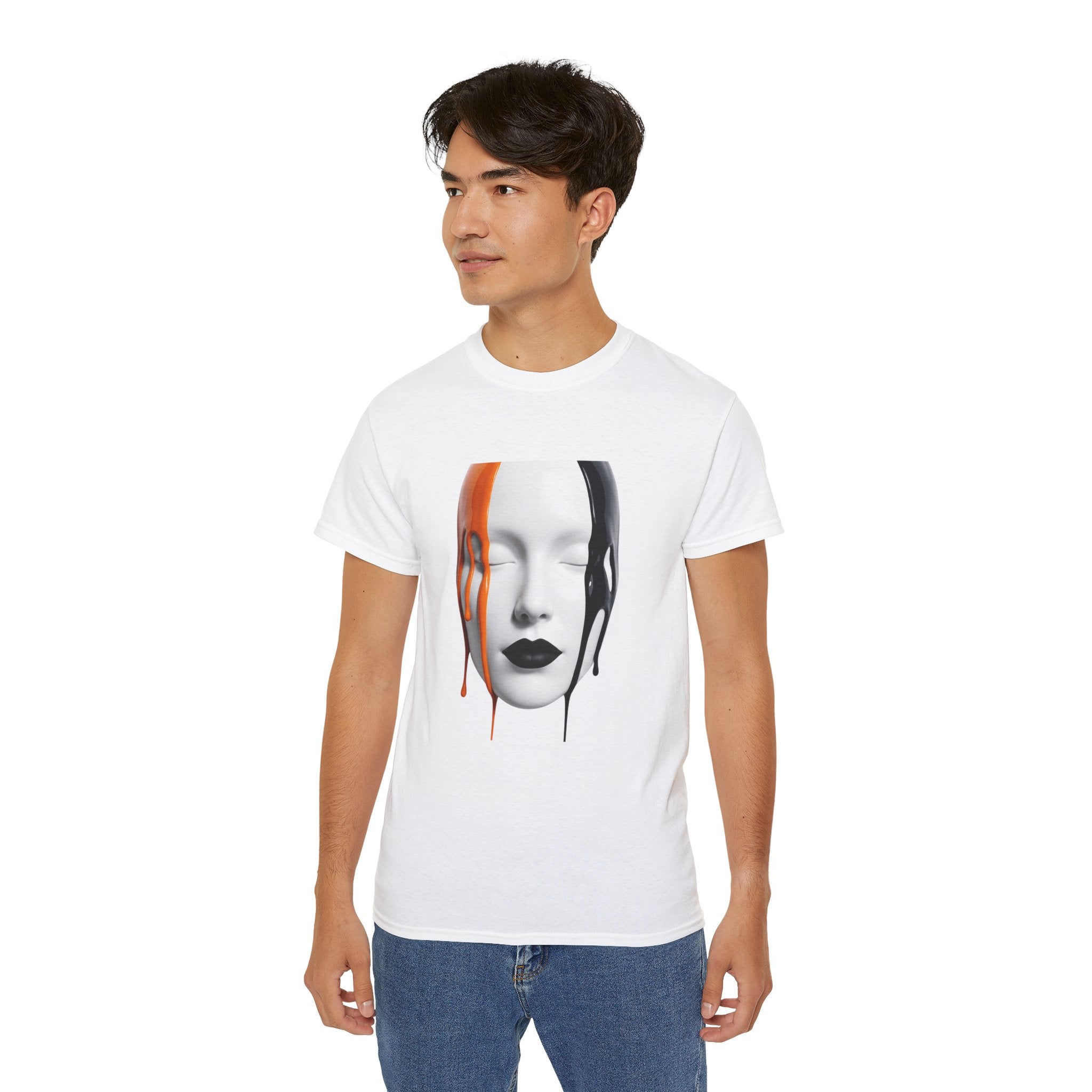 Mask Face Tee — Dripping Black & Orange Art T-Shirt
