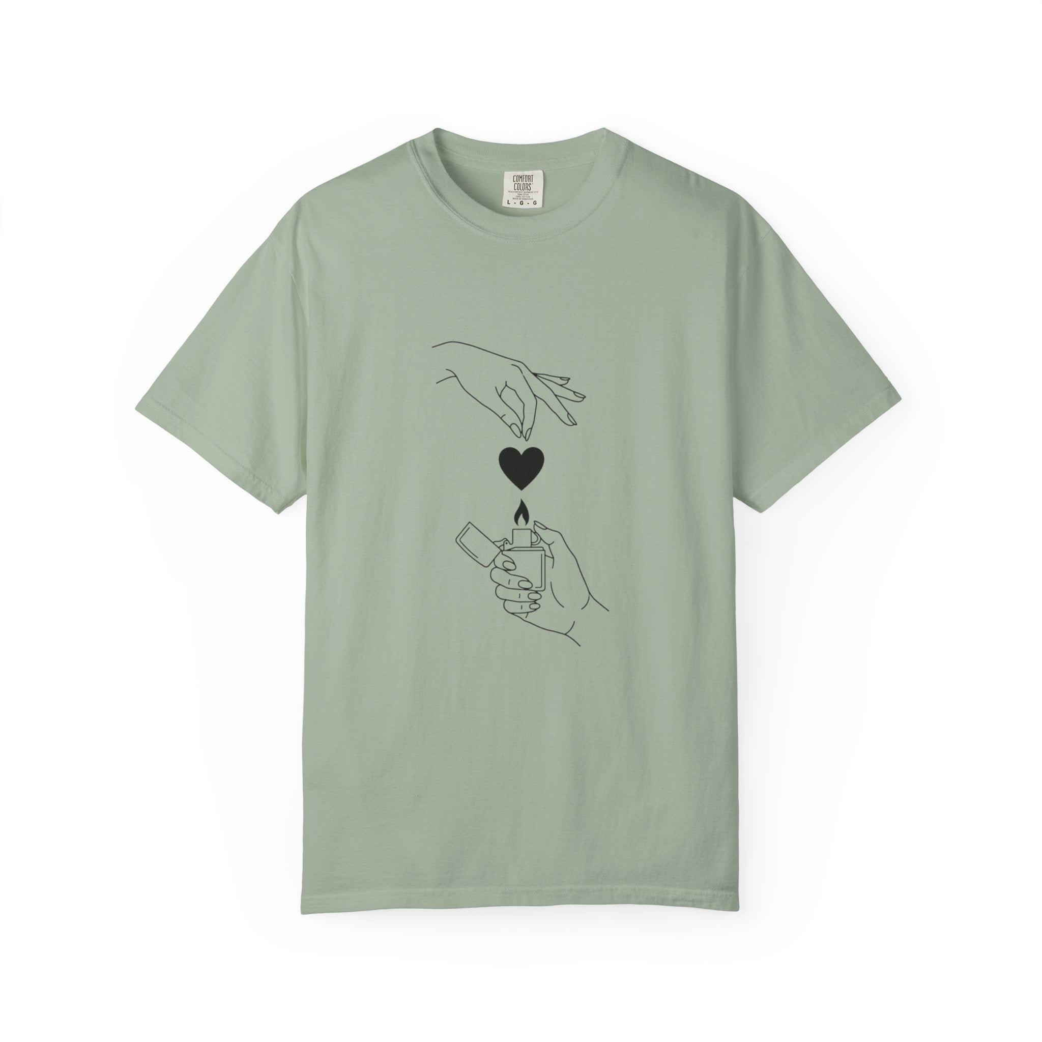 Heart Flame T-Shirt — Minimal Line Art Hands Lighting Heart Graphic