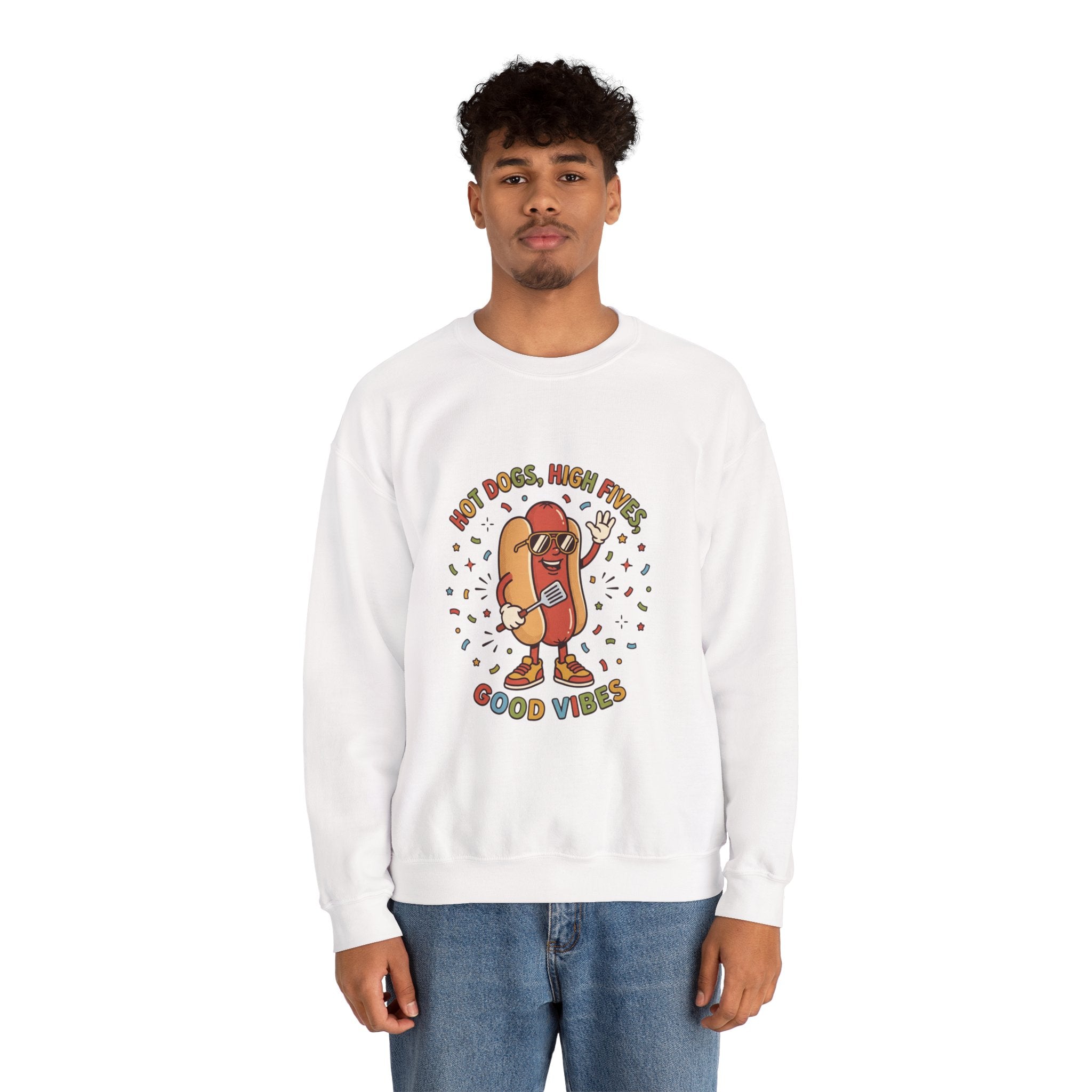 Hot Dog, High Five Rundhals-Sweatshirt | BBQ Vierter Juli, Retro Patriotische Hot-Dog-Witze
