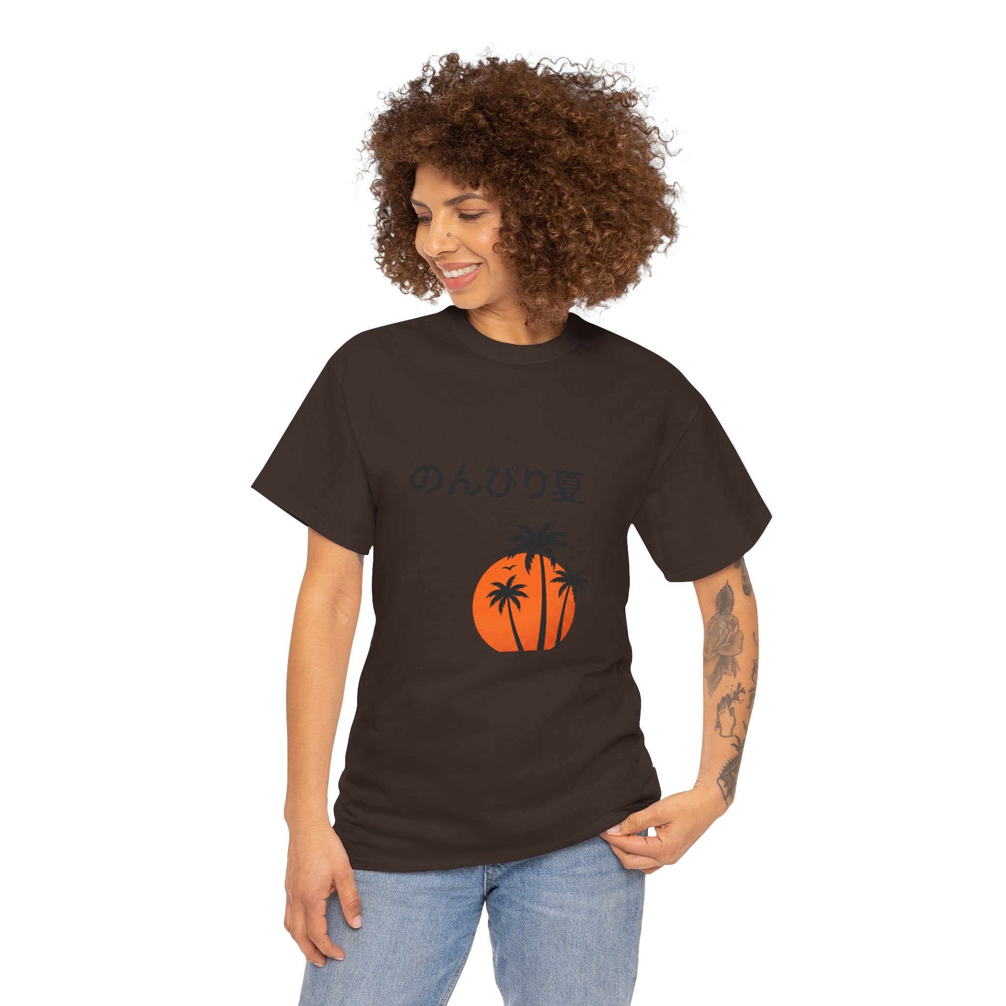 Japanese 'のんびり夏' Palm Sunset Tee — Relaxed Summer Vibe T-Shirt