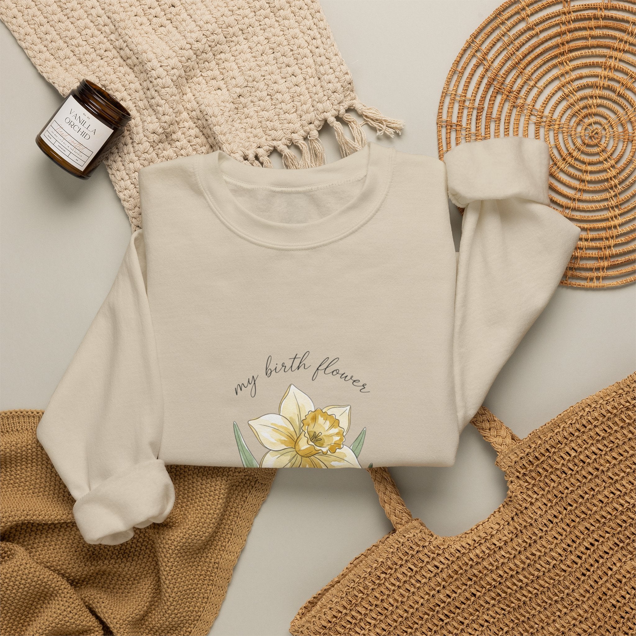 Daffodil Birth Month Flower Sweatshirt | Botanical Watercolor, Personalized Name