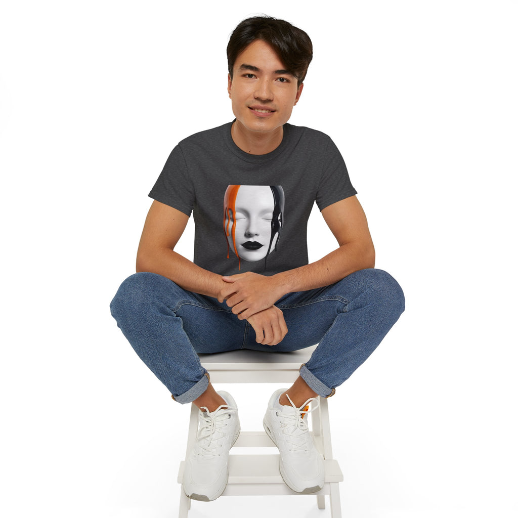 Mask Face Tee — Dripping Black & Orange Art T-Shirt