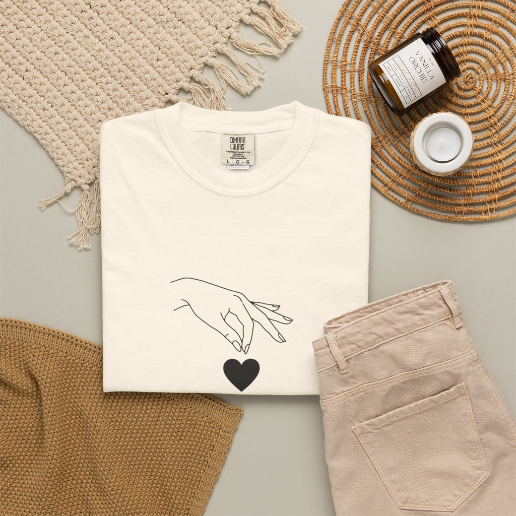 Heart Flame T-Shirt — Minimal Line Art Hands Lighting Heart Graphic