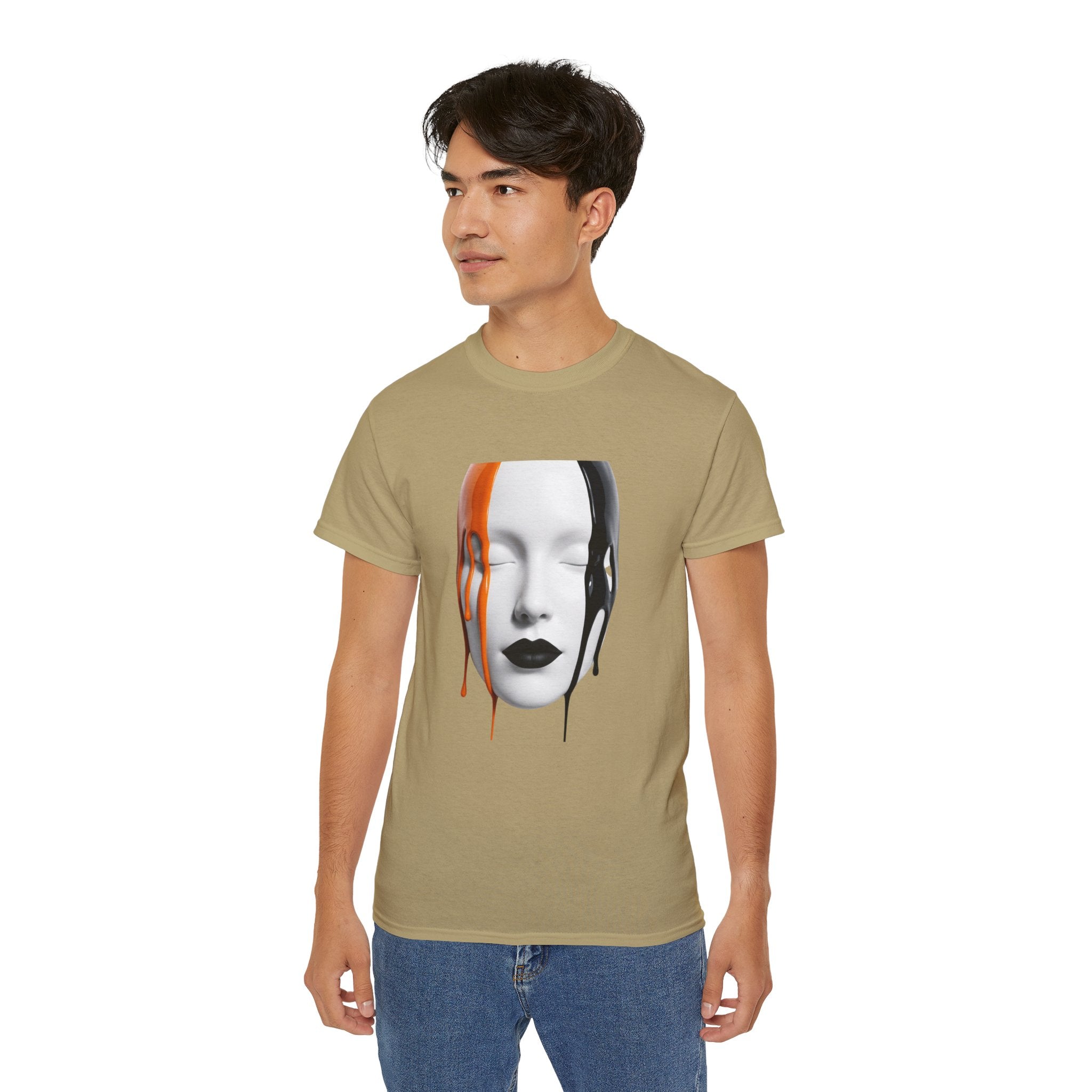 Mask Face Tee — Dripping Black & Orange Art T-Shirt