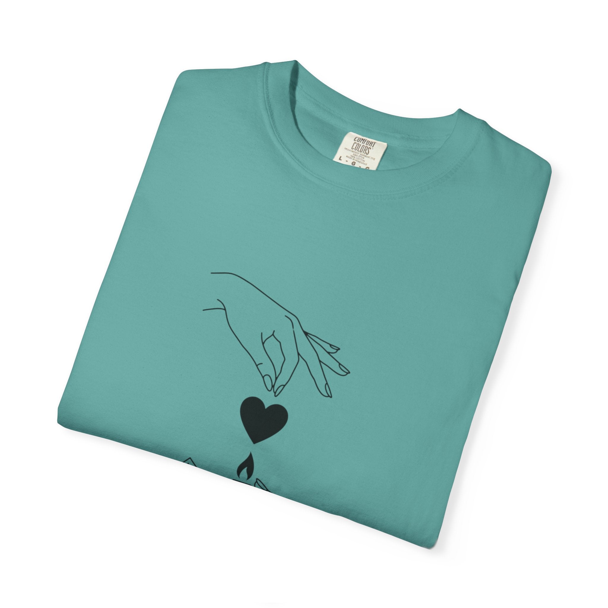Heart Flame T-Shirt — Minimal Line Art Hands Lighting Heart Graphic