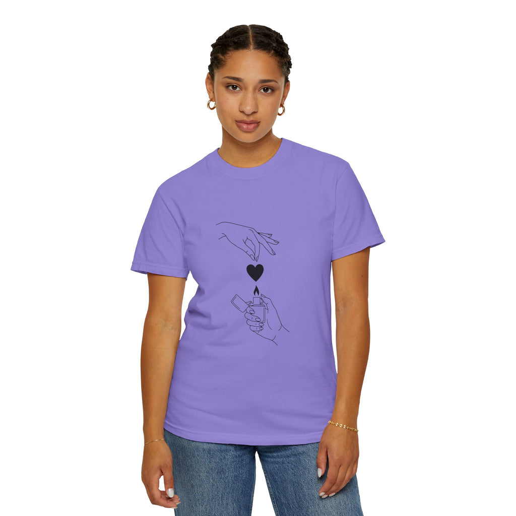 Heart Flame T-Shirt — Minimal Line Art Hands Lighting Heart Graphic