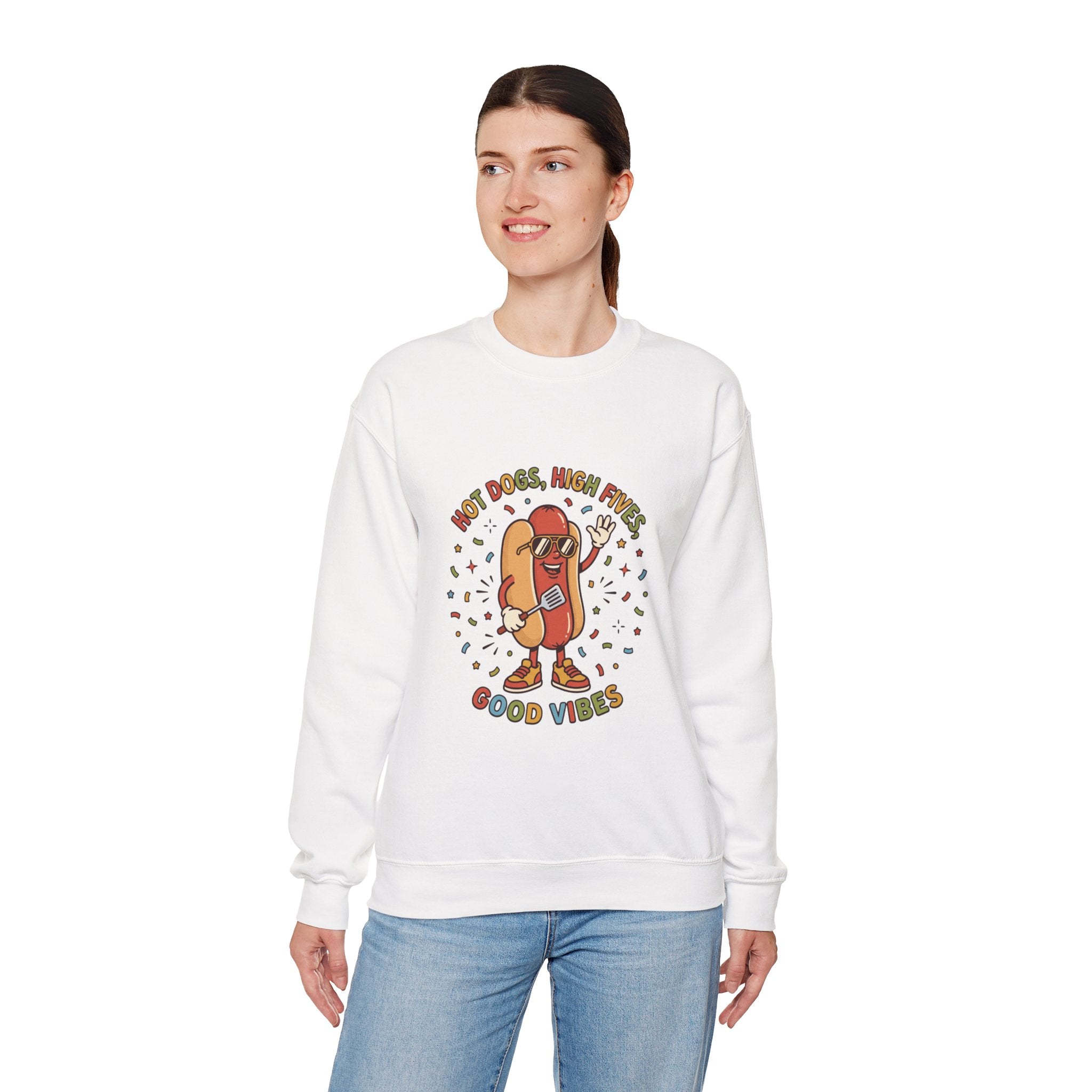 Hot Dog, High Five Rundhals-Sweatshirt | BBQ Vierter Juli, Retro Patriotische Hot-Dog-Witze