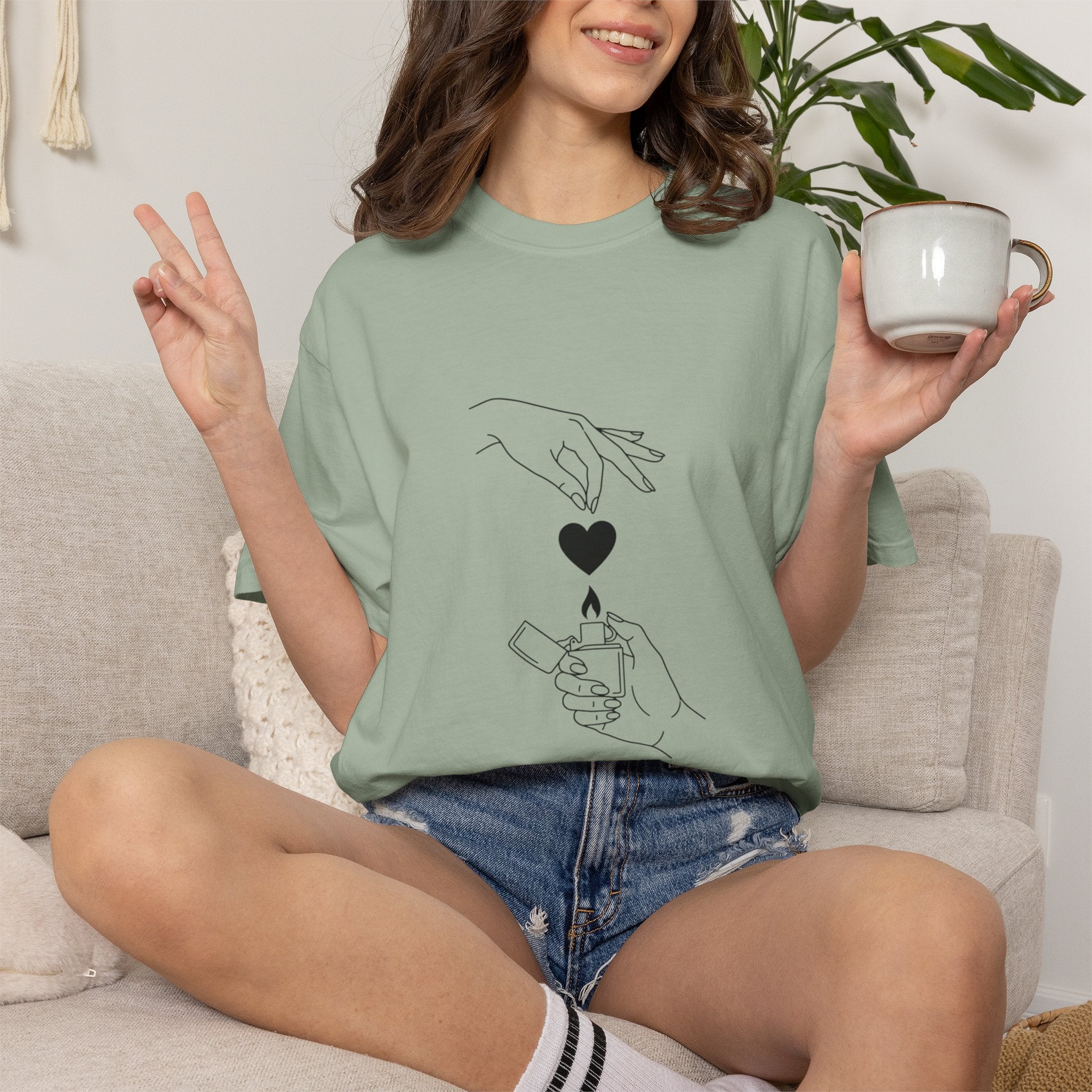 Heart Flame T-Shirt — Minimal Line Art Hands Lighting Heart Graphic