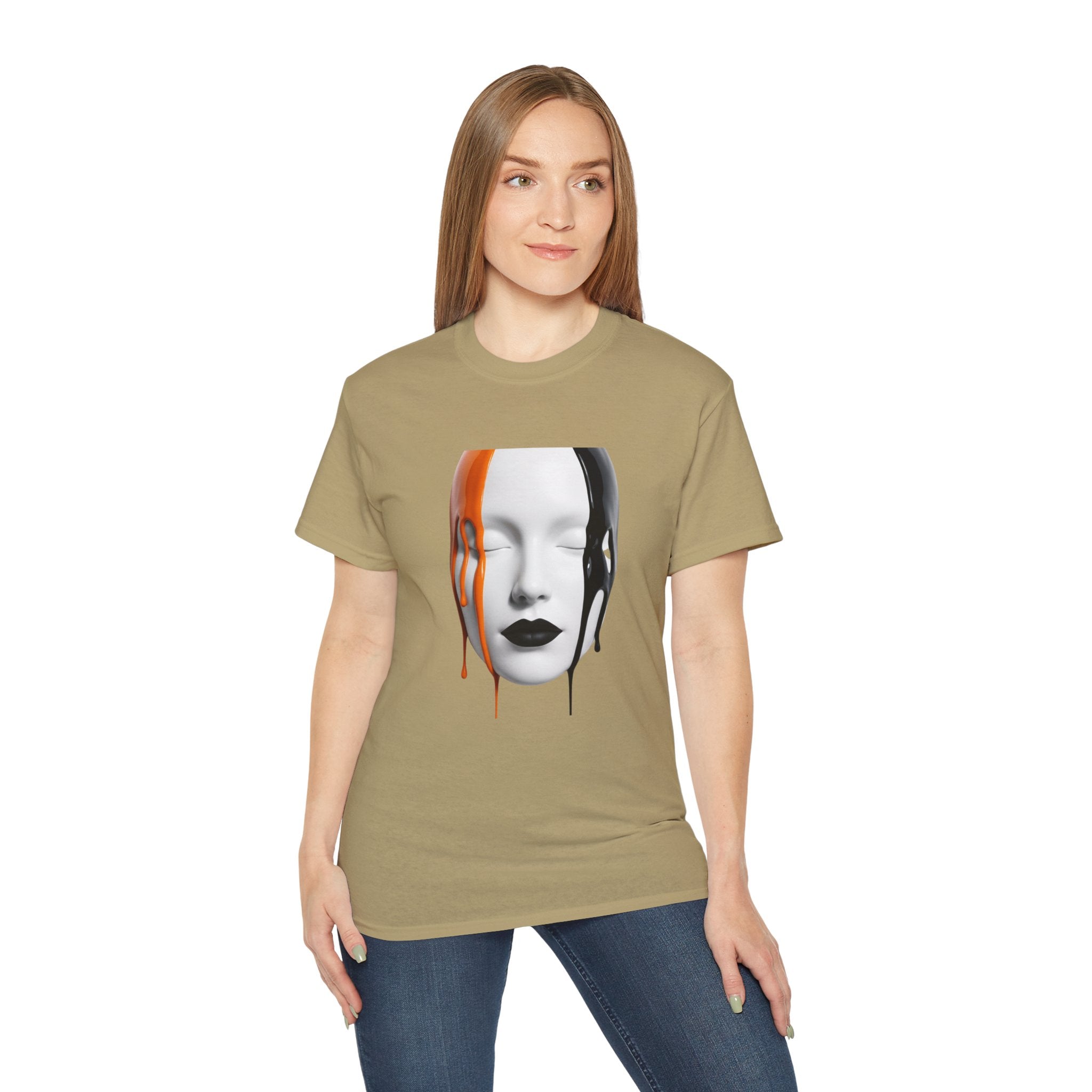 Mask Face Tee — Dripping Black & Orange Art T-Shirt