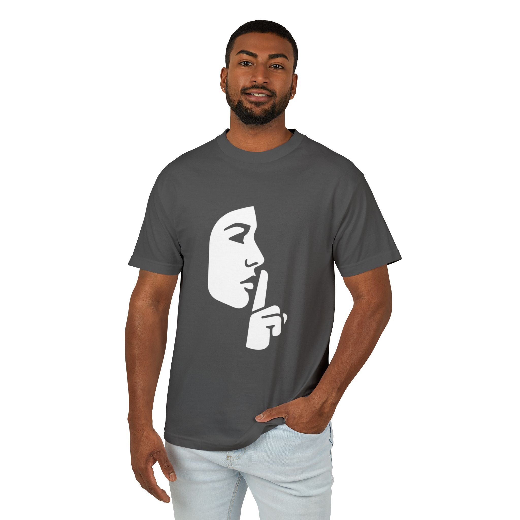 Shh Finger Over Lips Graphic Tee — Silent Face Minimalist T-Shirt