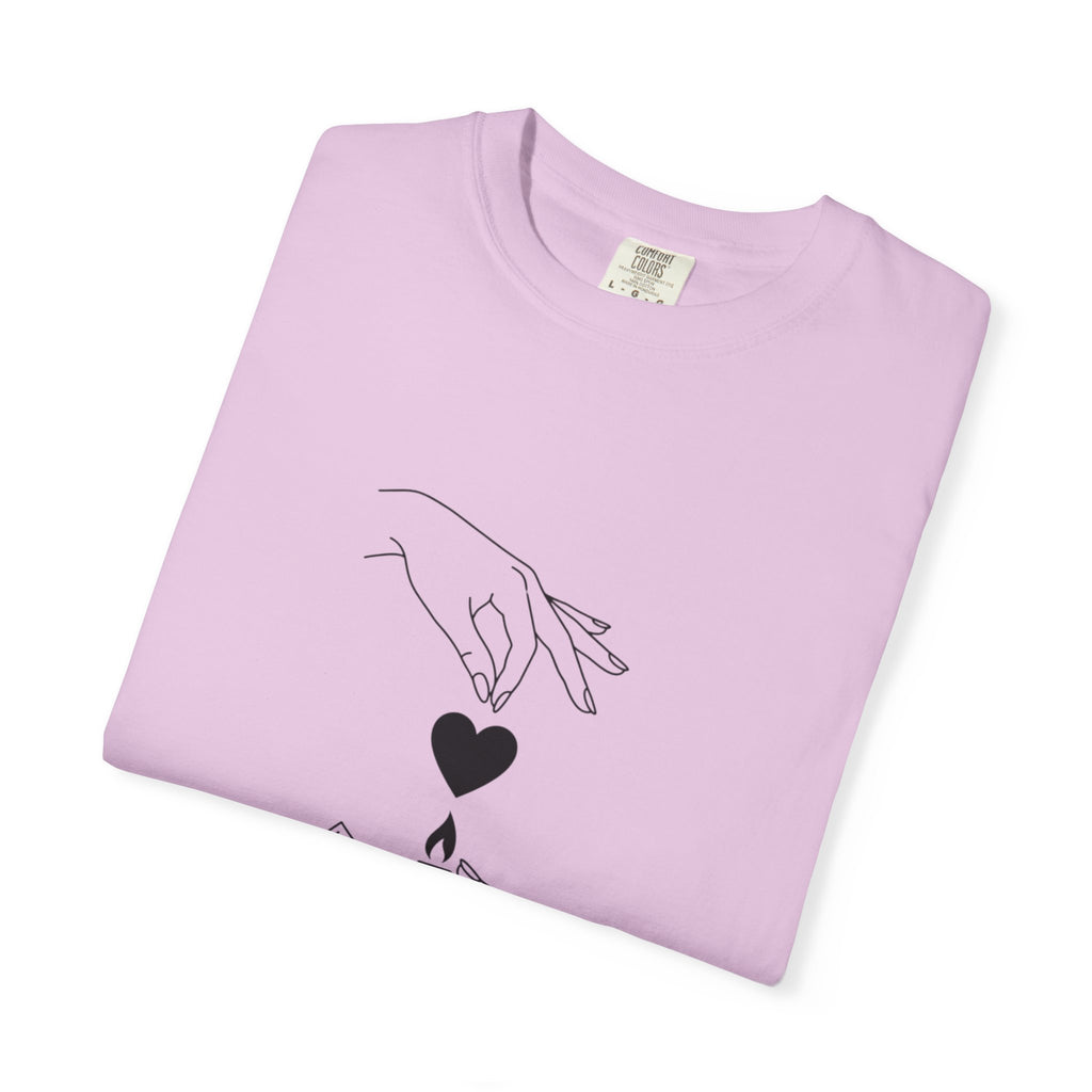 Heart Flame T-Shirt — Minimal Line Art Hands Lighting Heart Graphic