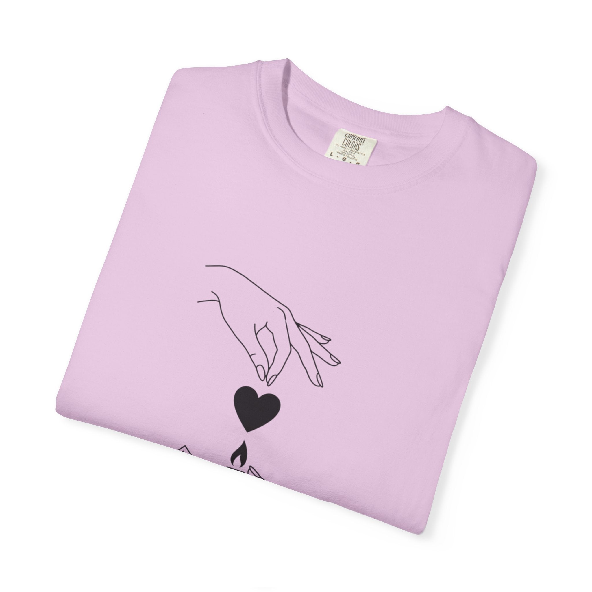 Heart Flame T-Shirt — Minimal Line Art Hands Lighting Heart Graphic