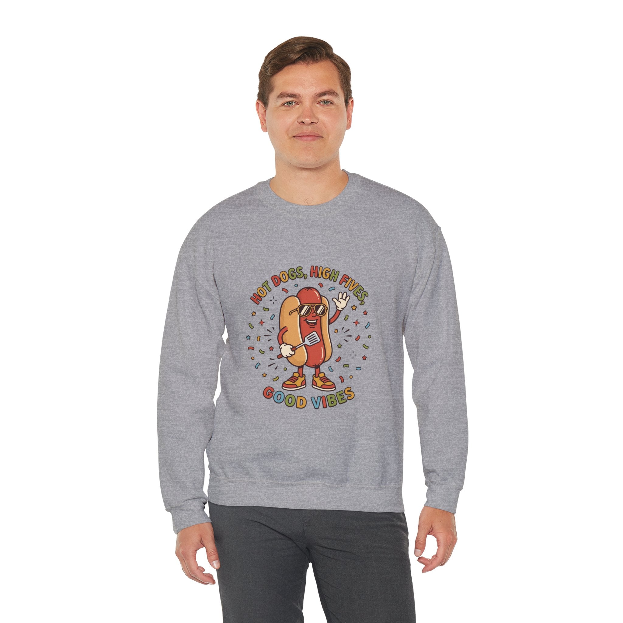 Hot Dog, High Five Rundhals-Sweatshirt | BBQ Vierter Juli, Retro Patriotische Hot-Dog-Witze