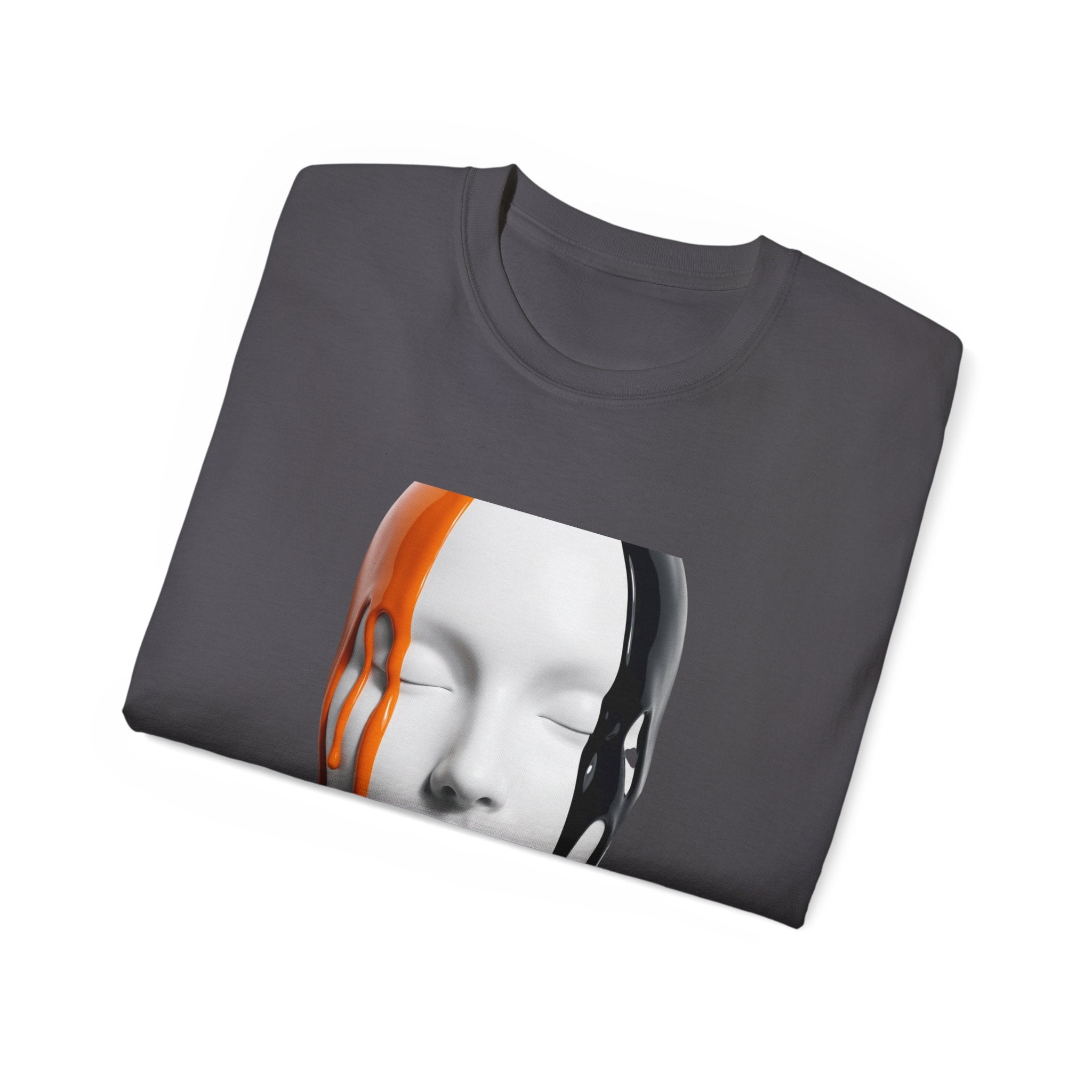 Mask Face Tee — Dripping Black & Orange Art T-Shirt