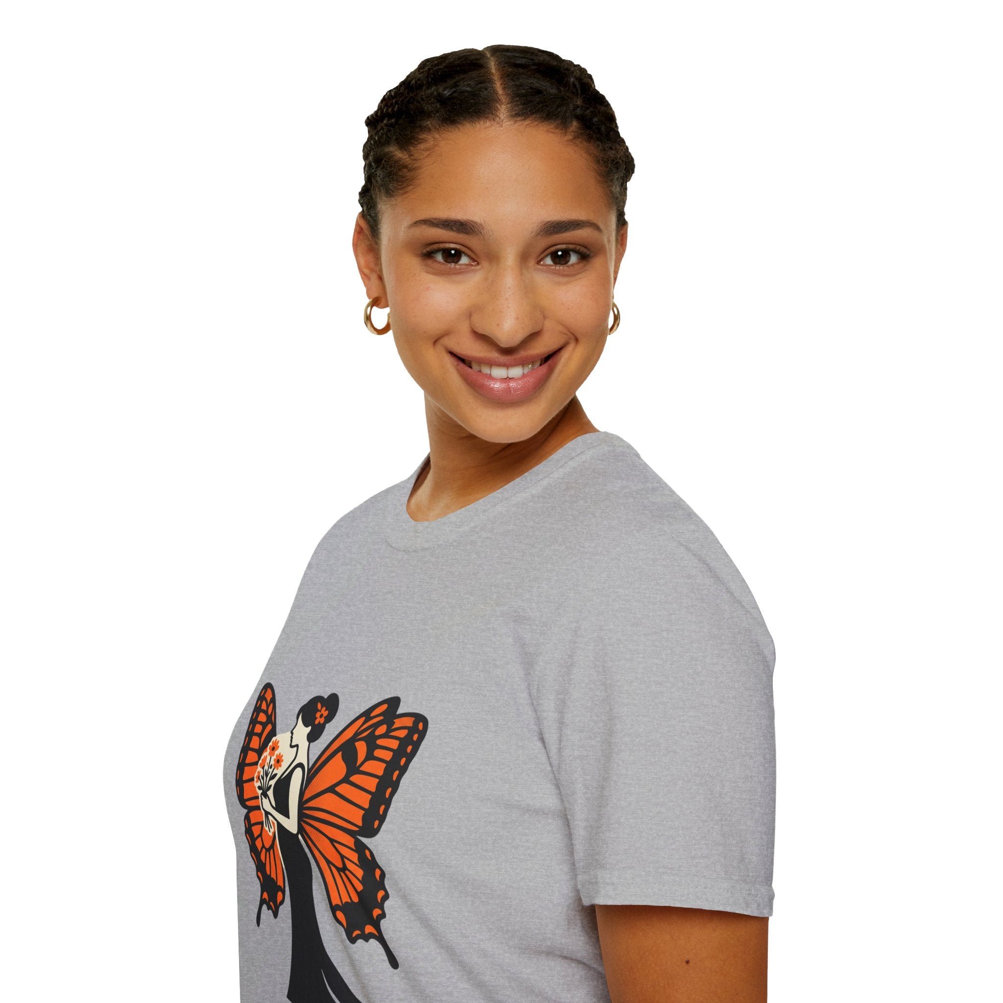 Monarch Butterfly Bride T-Shirt — Floral Bride with Orange Wings