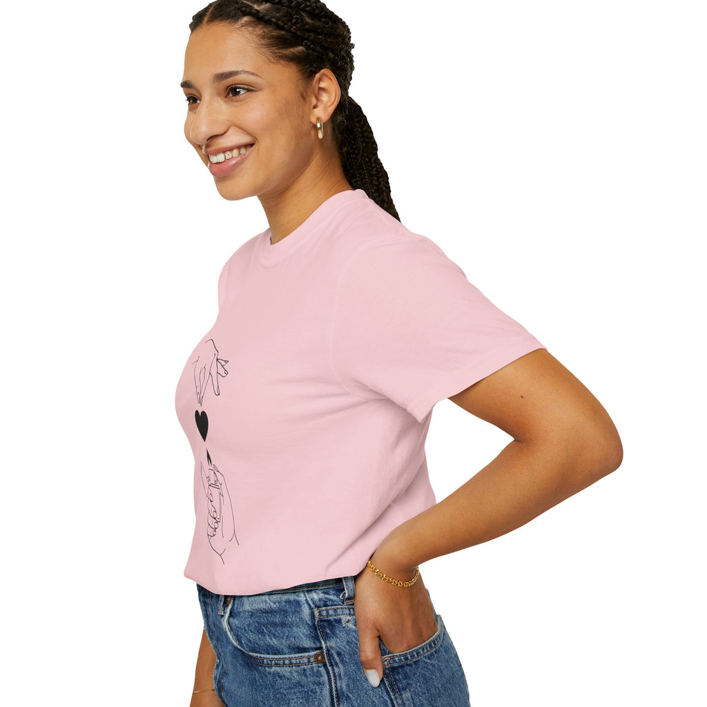 Heart Flame T-Shirt — Minimal Line Art Hands Lighting Heart Graphic