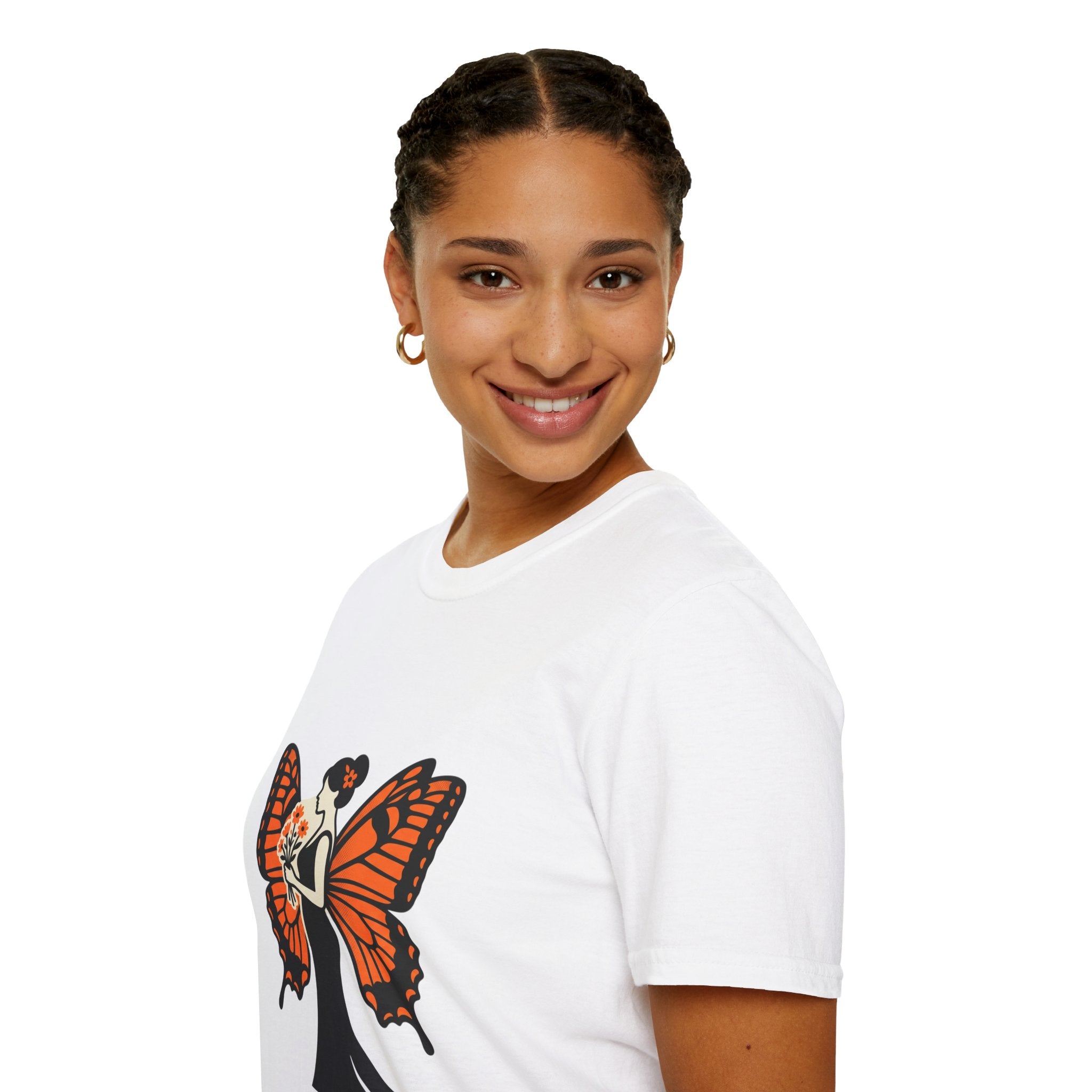 Monarch Butterfly Bride T-Shirt — Floral Bride with Orange Wings