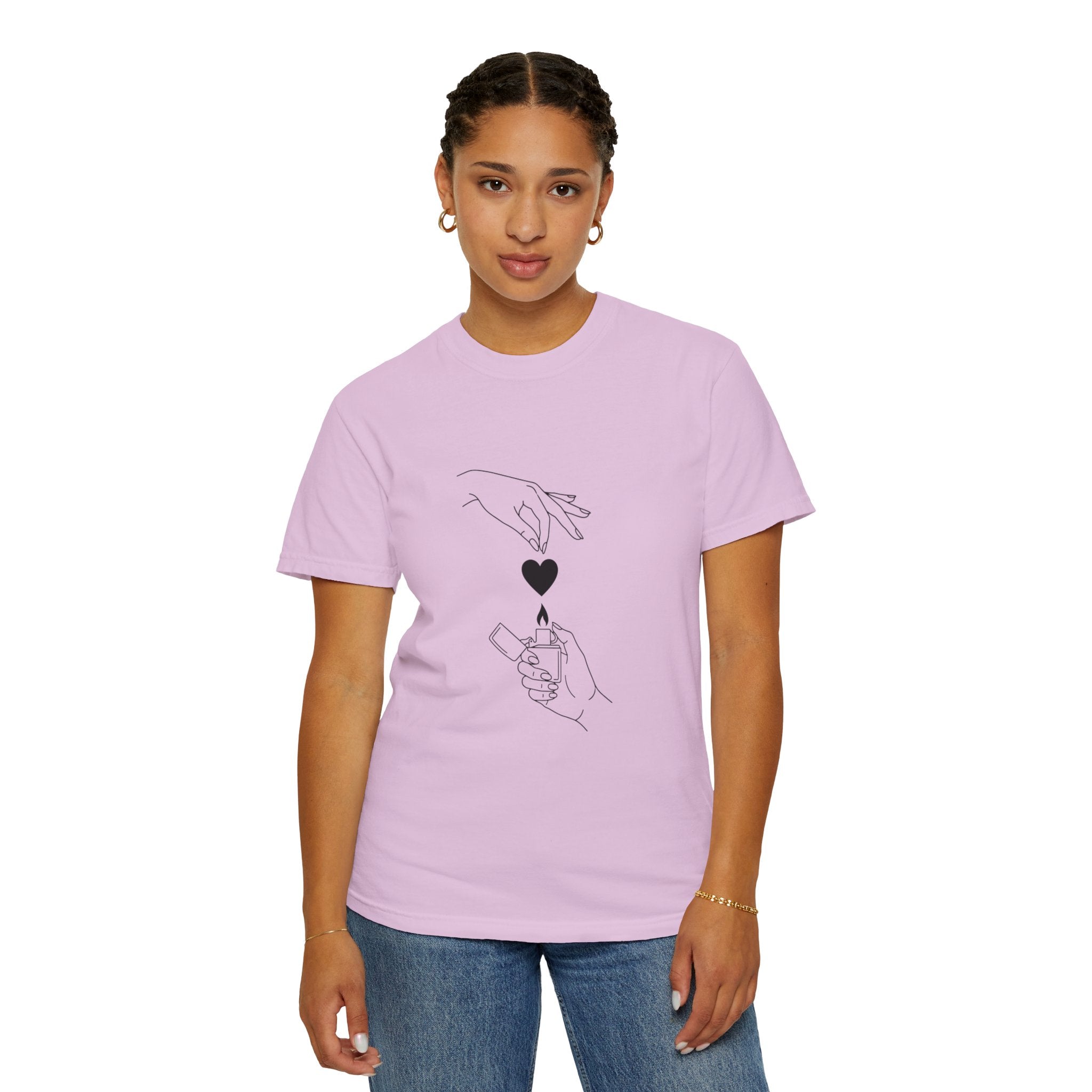 Heart Flame T-Shirt — Minimal Line Art Hands Lighting Heart Graphic
