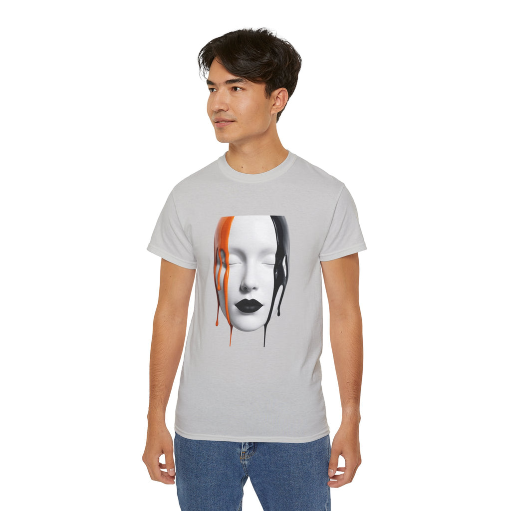 Mask Face Tee — Dripping Black & Orange Art T-Shirt