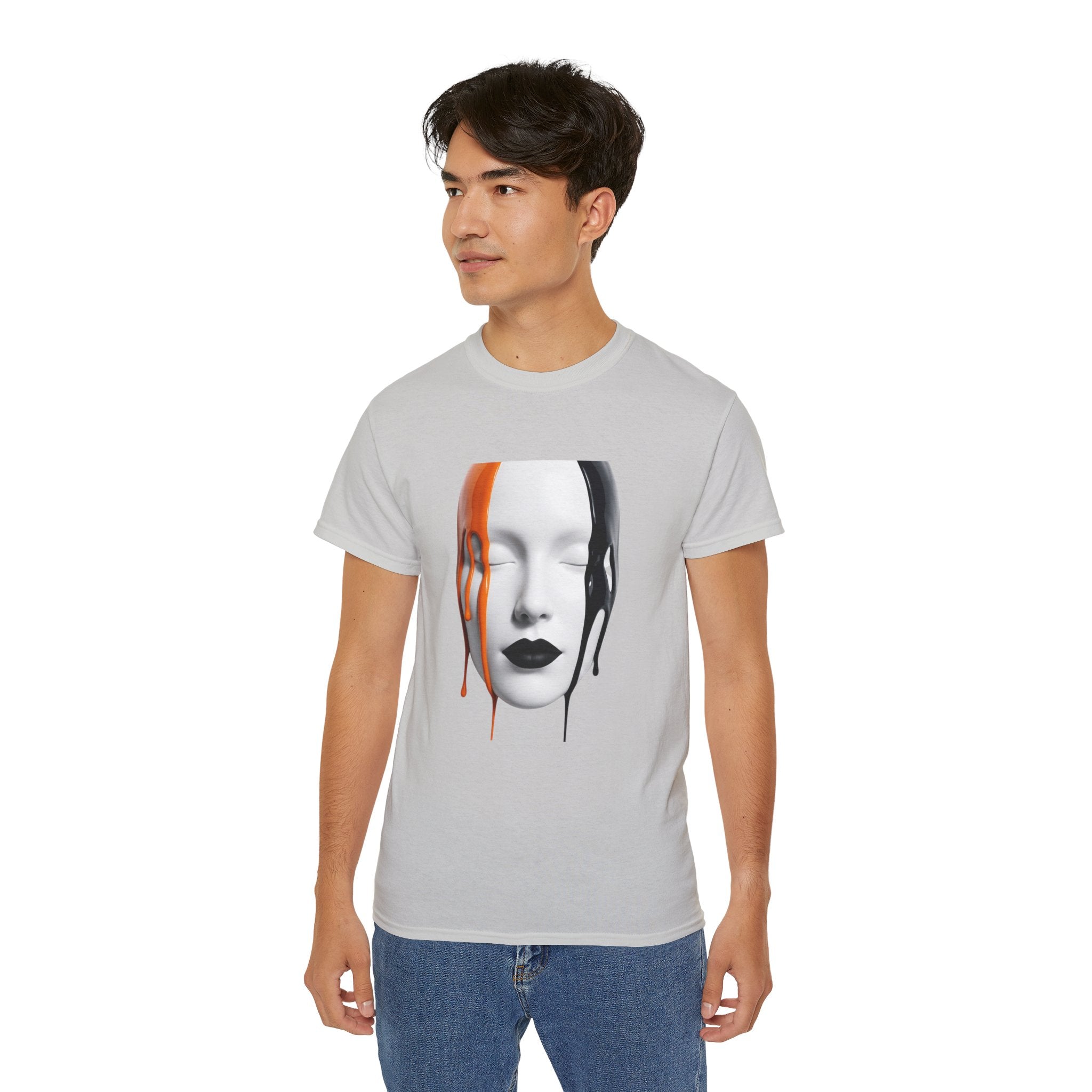 Mask Face Tee — Dripping Black & Orange Art T-Shirt