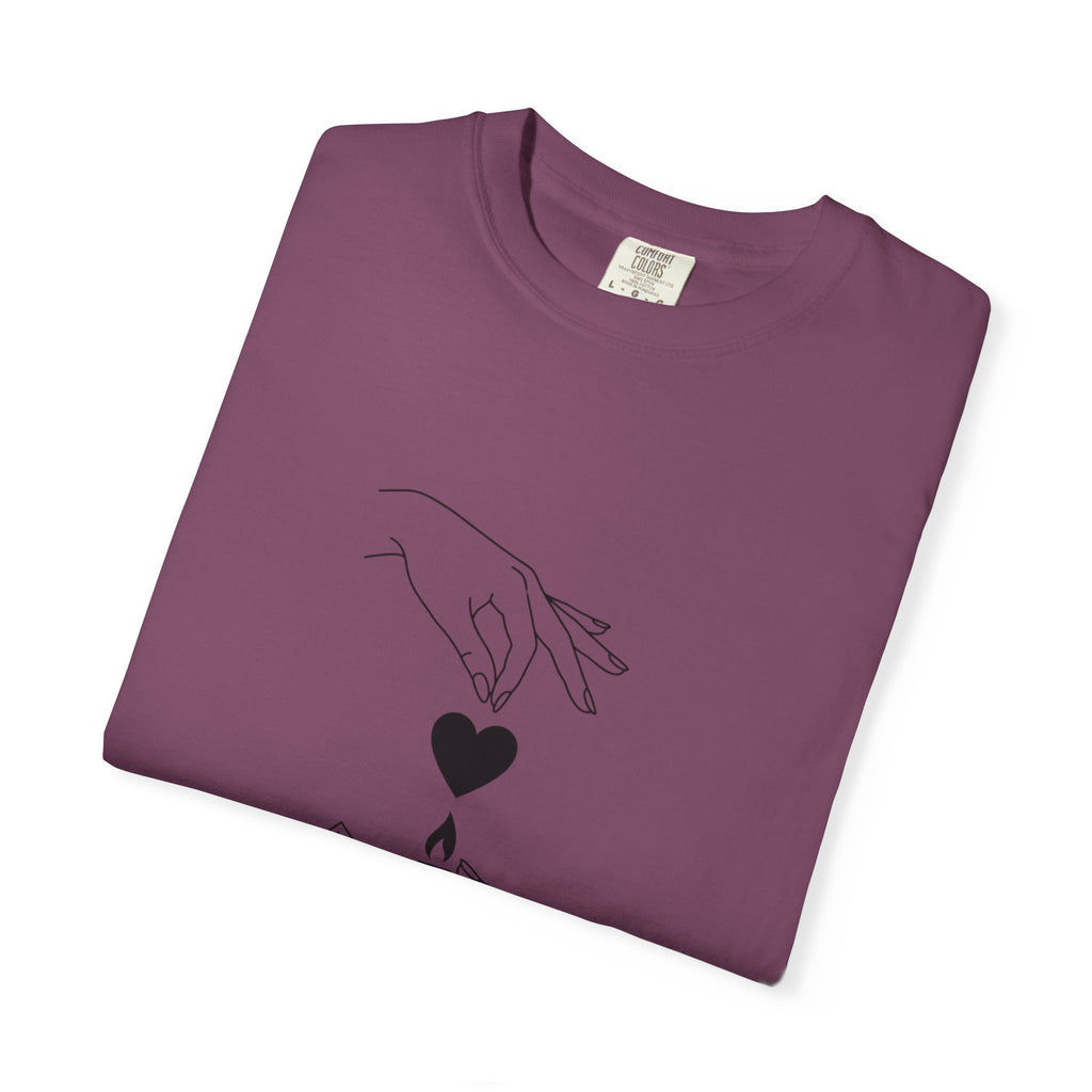 Heart Flame T-Shirt — Minimal Line Art Hands Lighting Heart Graphic