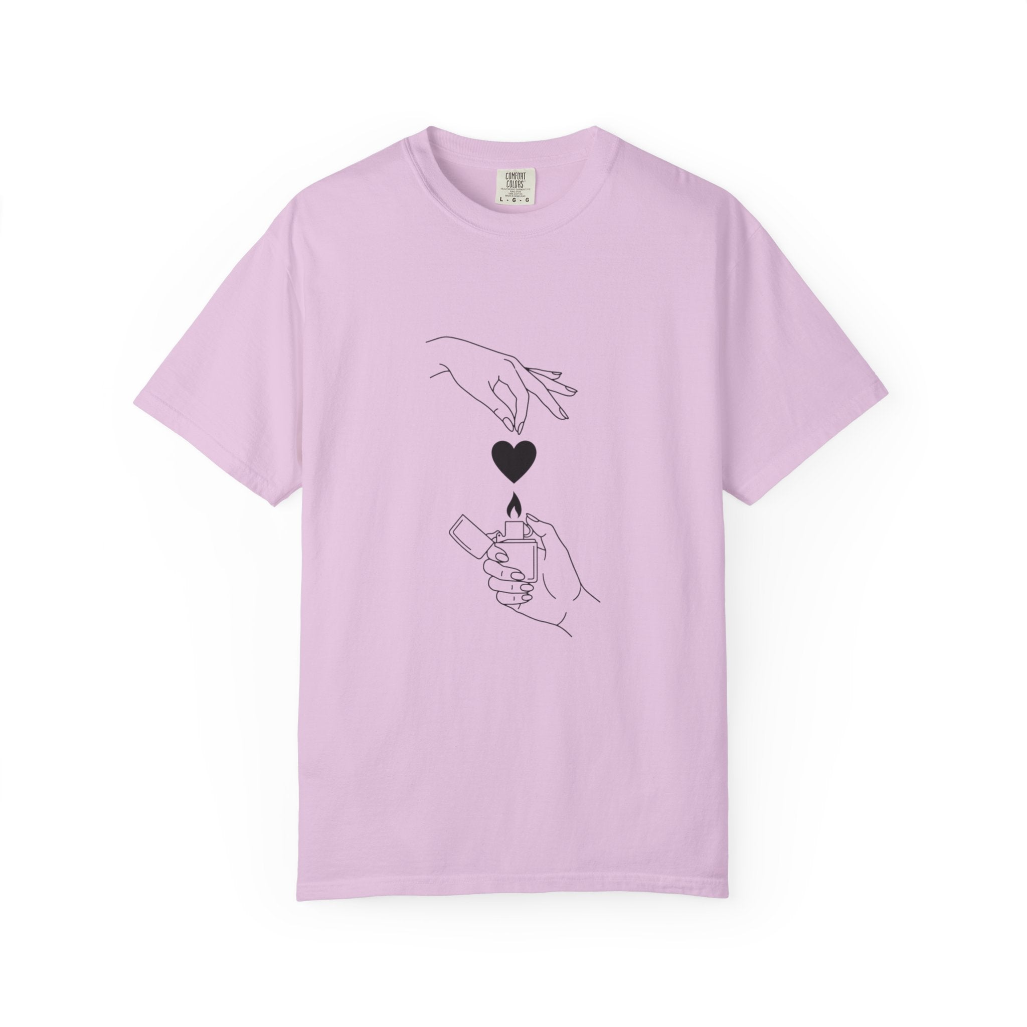Heart Flame T-Shirt — Minimal Line Art Hands Lighting Heart Graphic