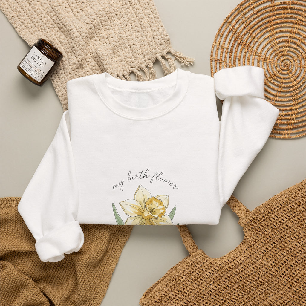 Daffodil Birth Month Flower Sweatshirt | Botanical Watercolor, Personalized Name