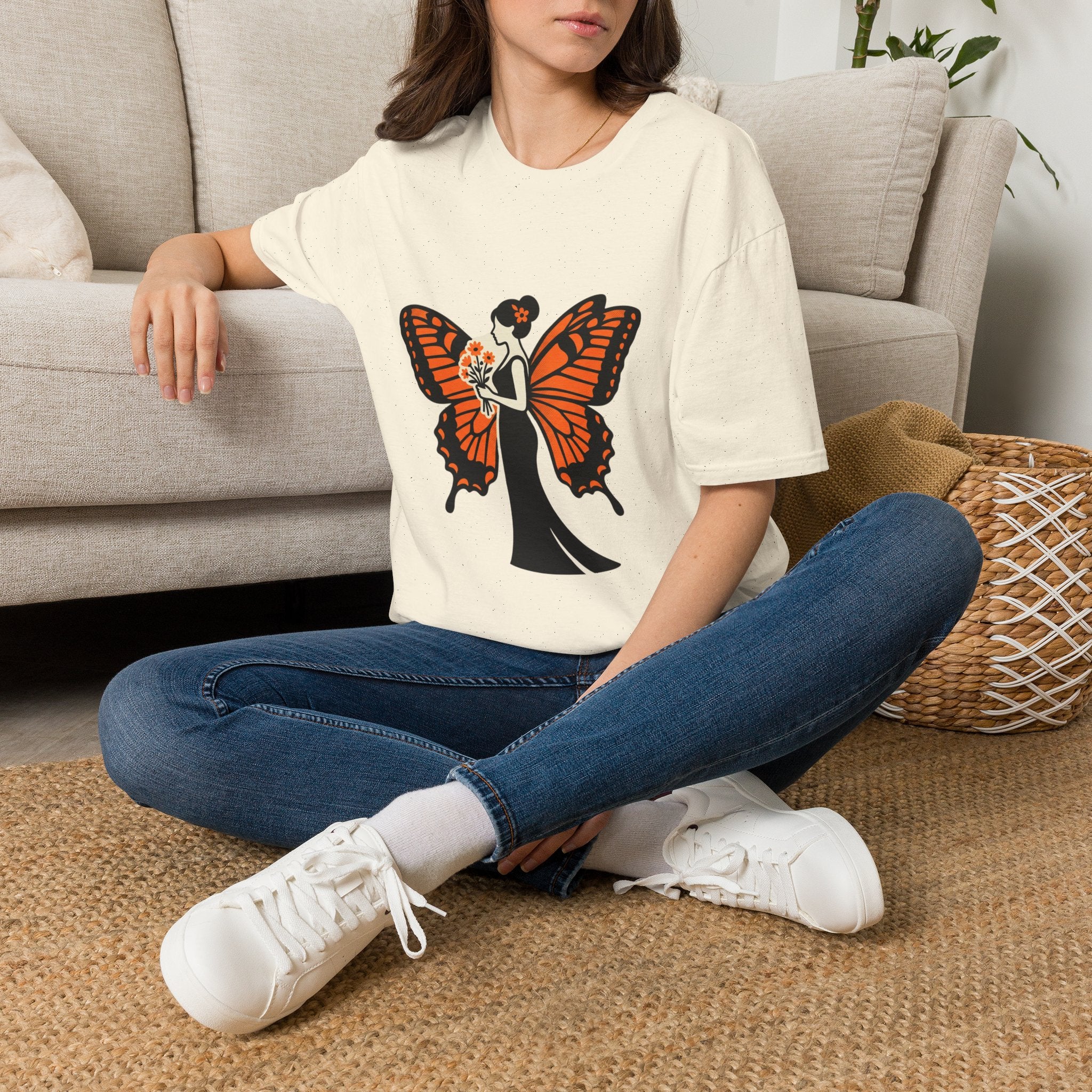 Monarch Butterfly Bride T-Shirt — Floral Bride with Orange Wings
