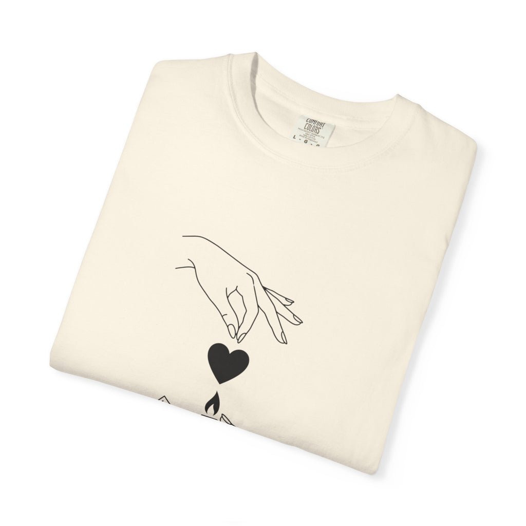 Heart Flame T-Shirt — Minimal Line Art Hands Lighting Heart Graphic
