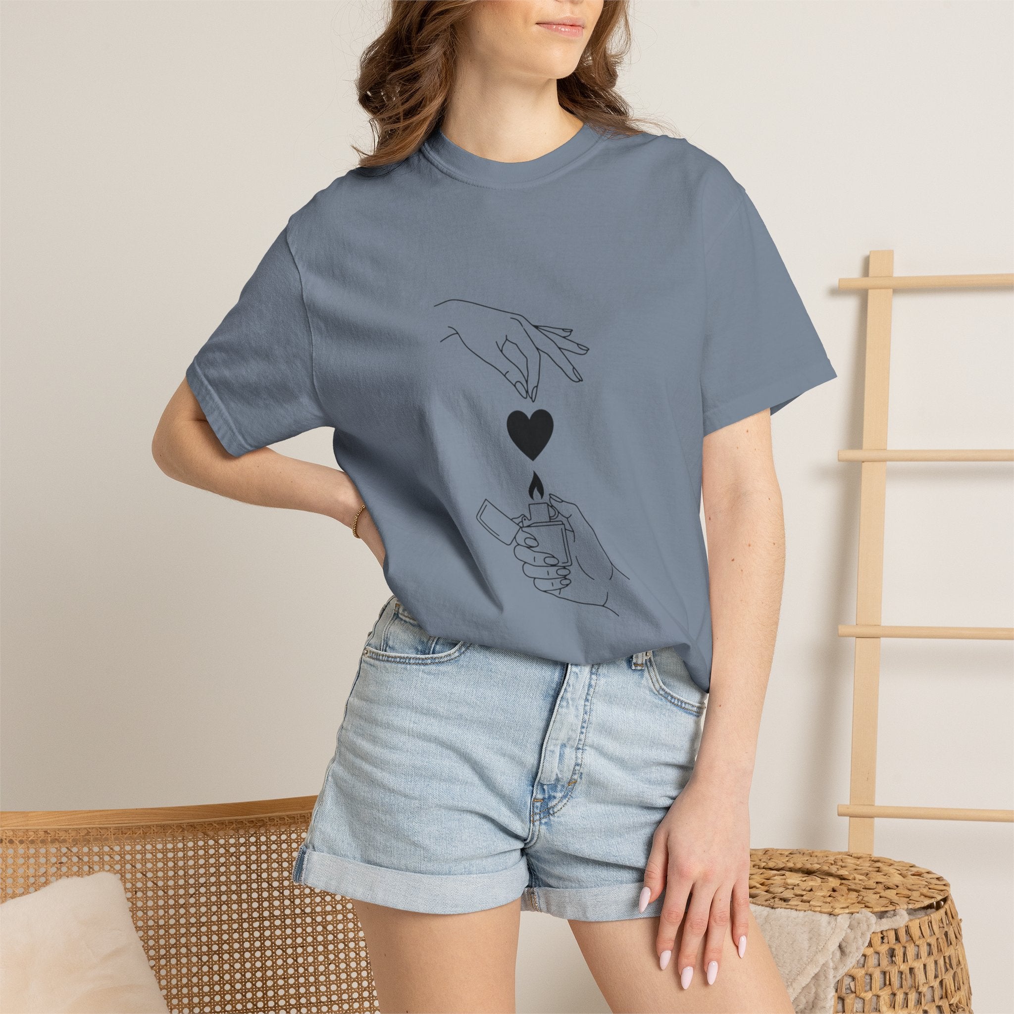 Heart Flame T-Shirt — Minimal Line Art Hands Lighting Heart Graphic