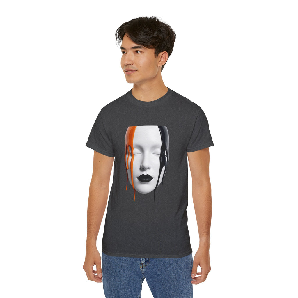 Mask Face Tee — Dripping Black & Orange Art T-Shirt