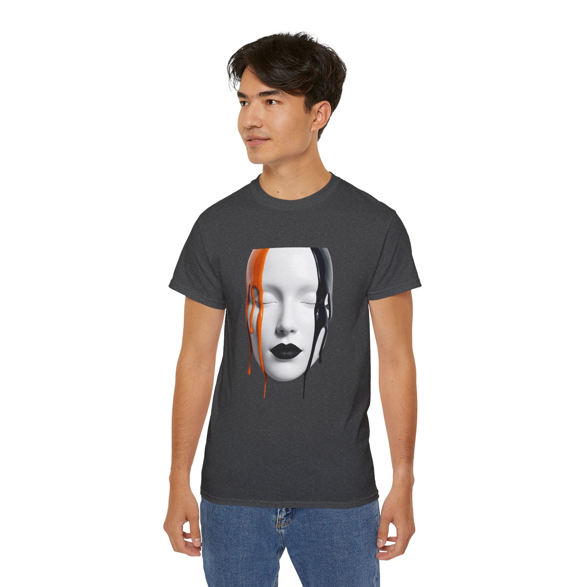 Mask Face Tee — Dripping Black & Orange Art T-Shirt