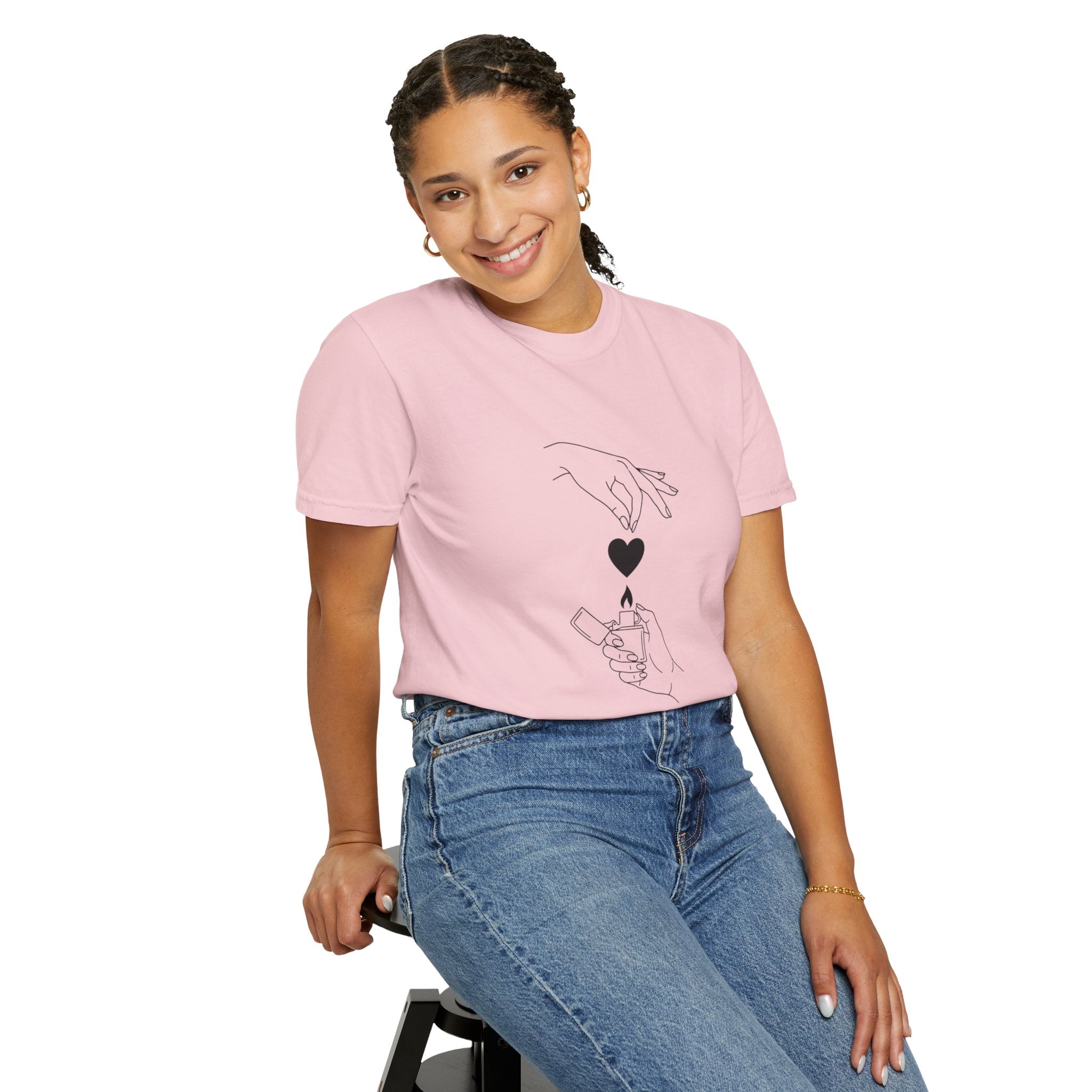 Heart Flame T-Shirt — Minimal Line Art Hands Lighting Heart Graphic
