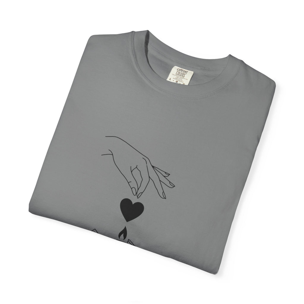 Heart Flame T-Shirt — Minimal Line Art Hands Lighting Heart Graphic