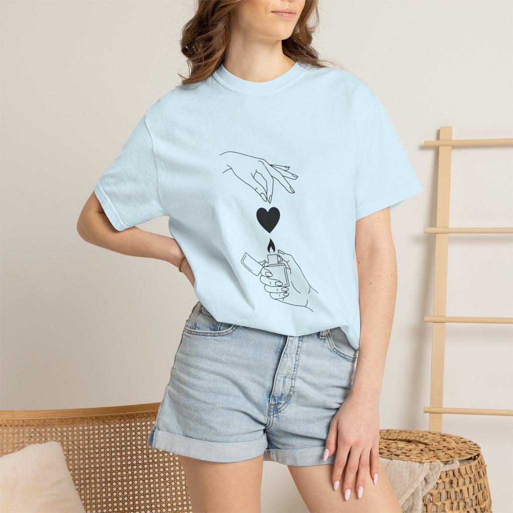 Heart Flame T-Shirt — Minimal Line Art Hands Lighting Heart Graphic
