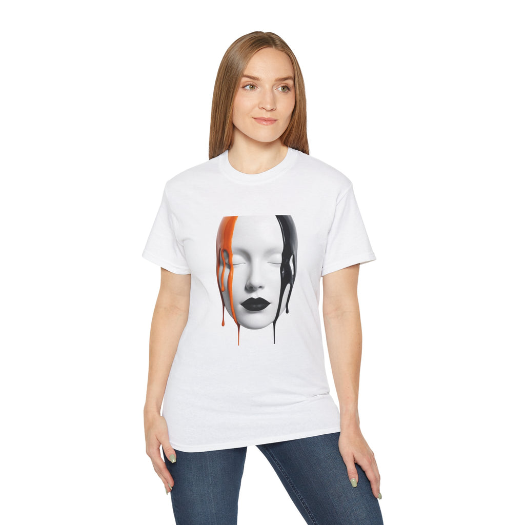 Mask Face Tee — Dripping Black & Orange Art T-Shirt