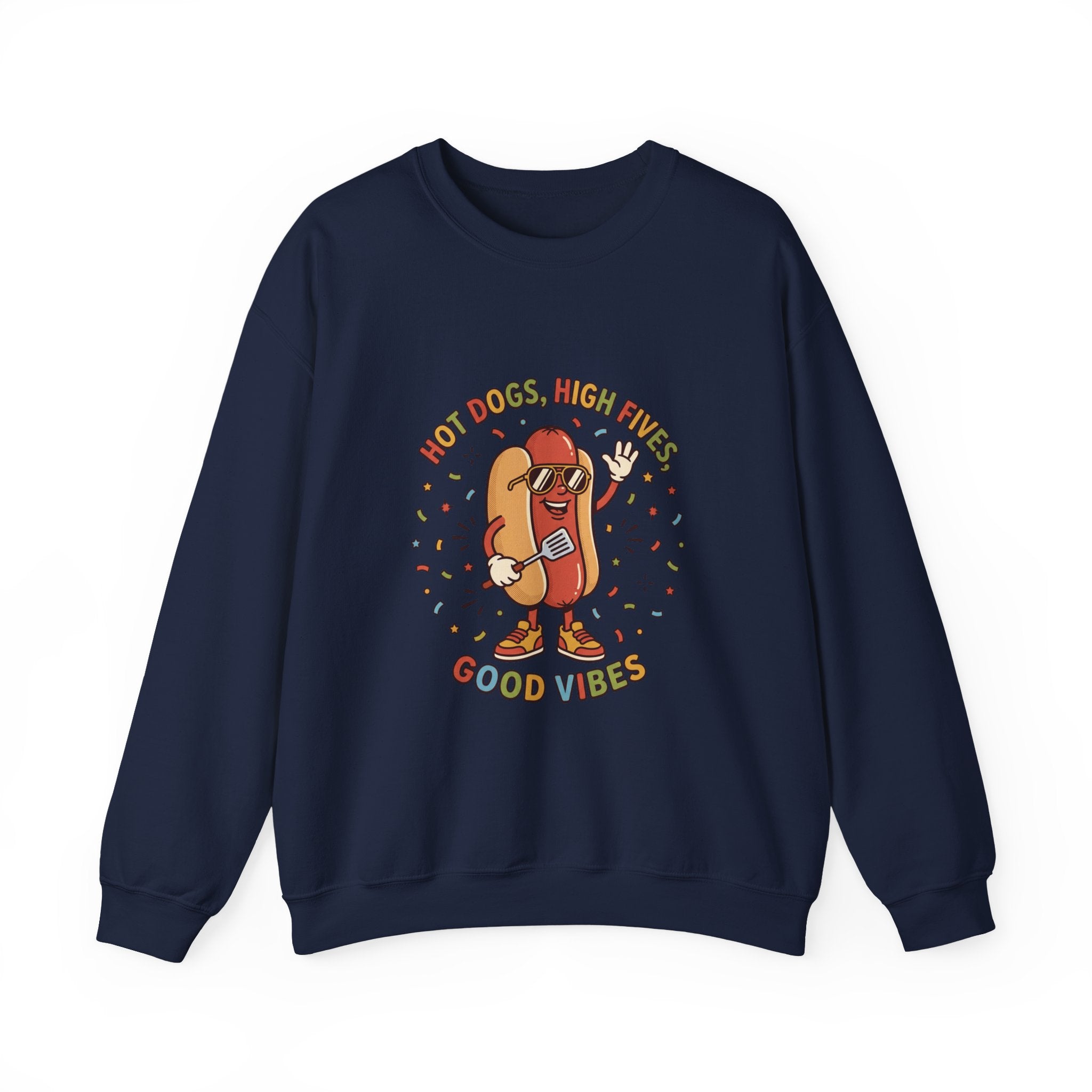 Hot Dog, High Five Rundhals-Sweatshirt | BBQ Vierter Juli, Retro Patriotische Hot-Dog-Witze