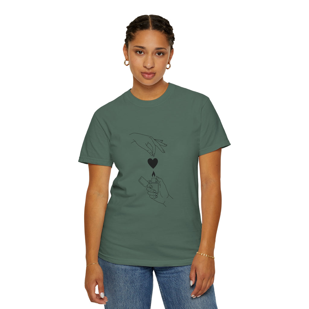 Heart Flame T-Shirt — Minimal Line Art Hands Lighting Heart Graphic