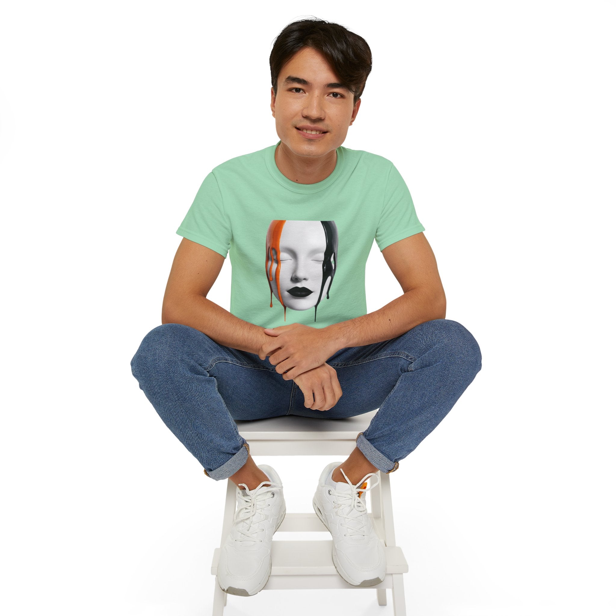 Mask Face Tee — Dripping Black & Orange Art T-Shirt