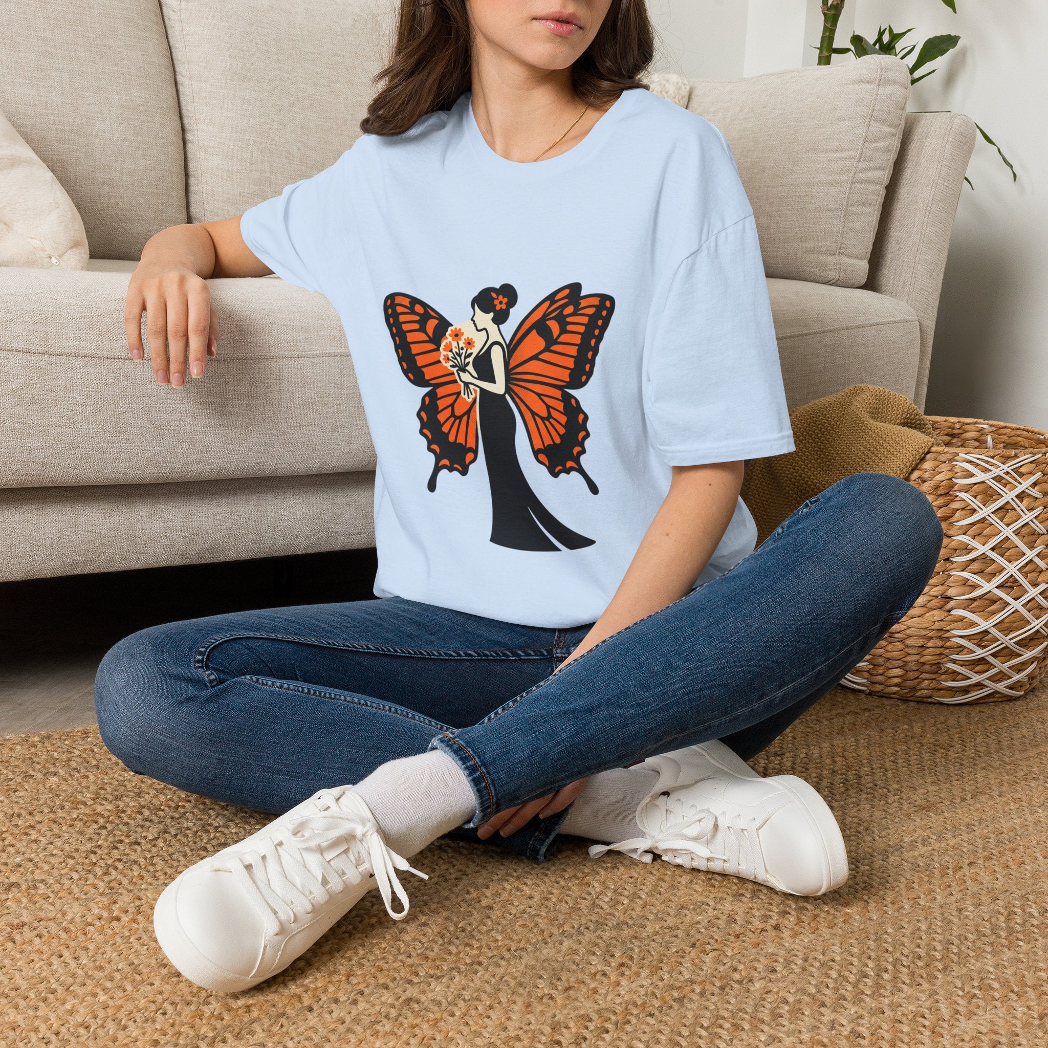 Monarch Butterfly Bride T-Shirt — Floral Bride with Orange Wings