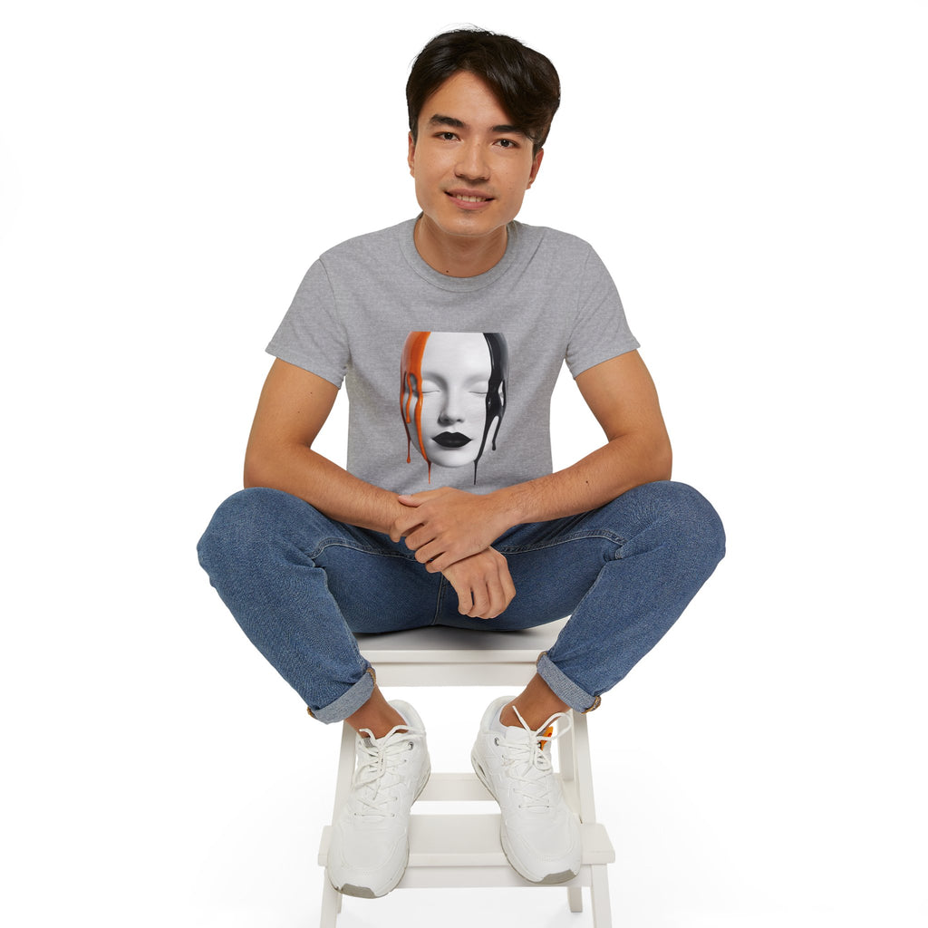 Mask Face Tee — Dripping Black & Orange Art T-Shirt