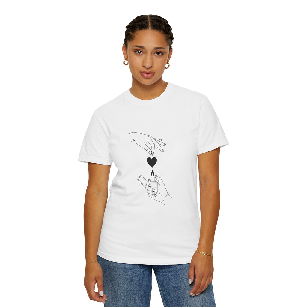 Heart Flame T-Shirt — Minimal Line Art Hands Lighting Heart Graphic