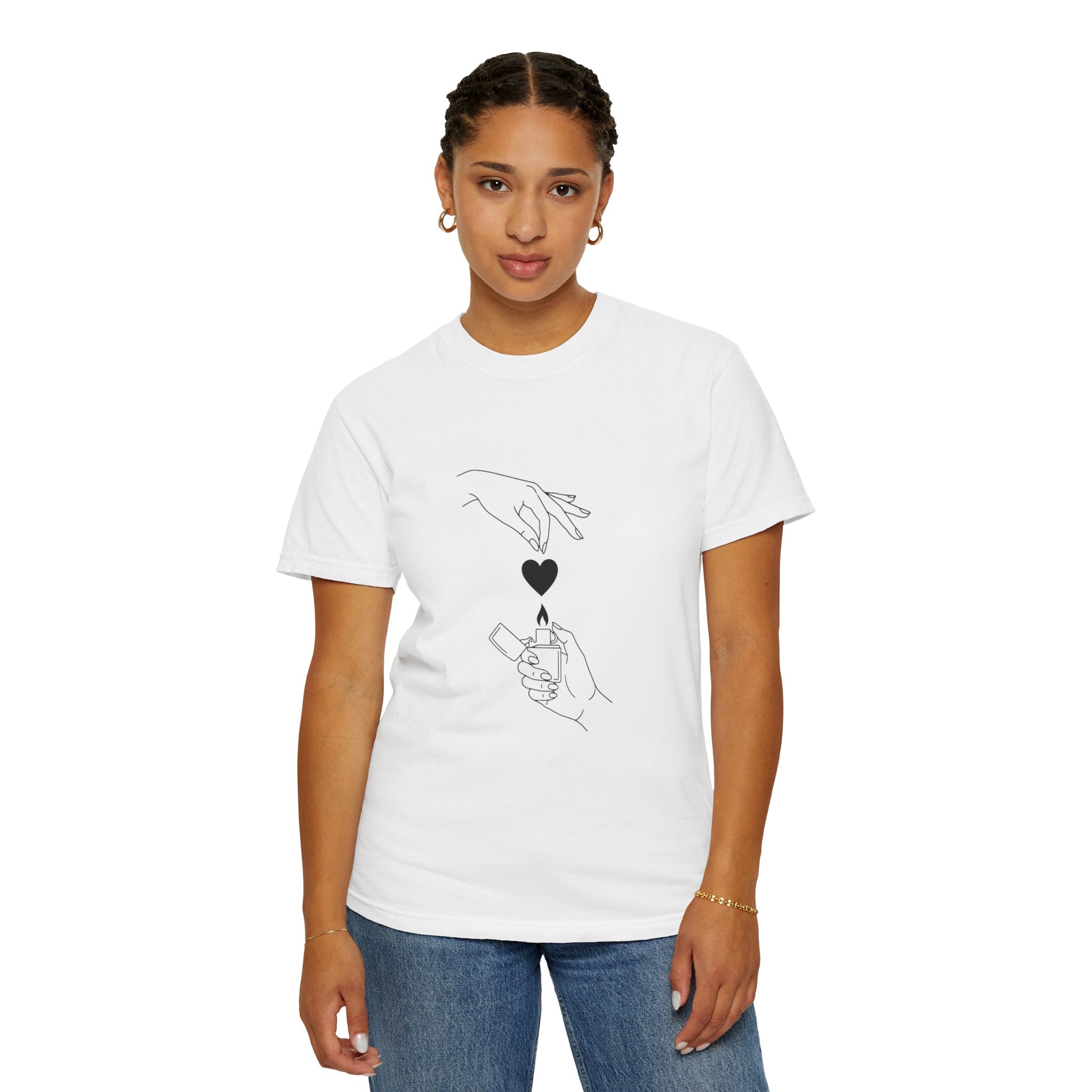 Heart Flame T-Shirt — Minimal Line Art Hands Lighting Heart Graphic