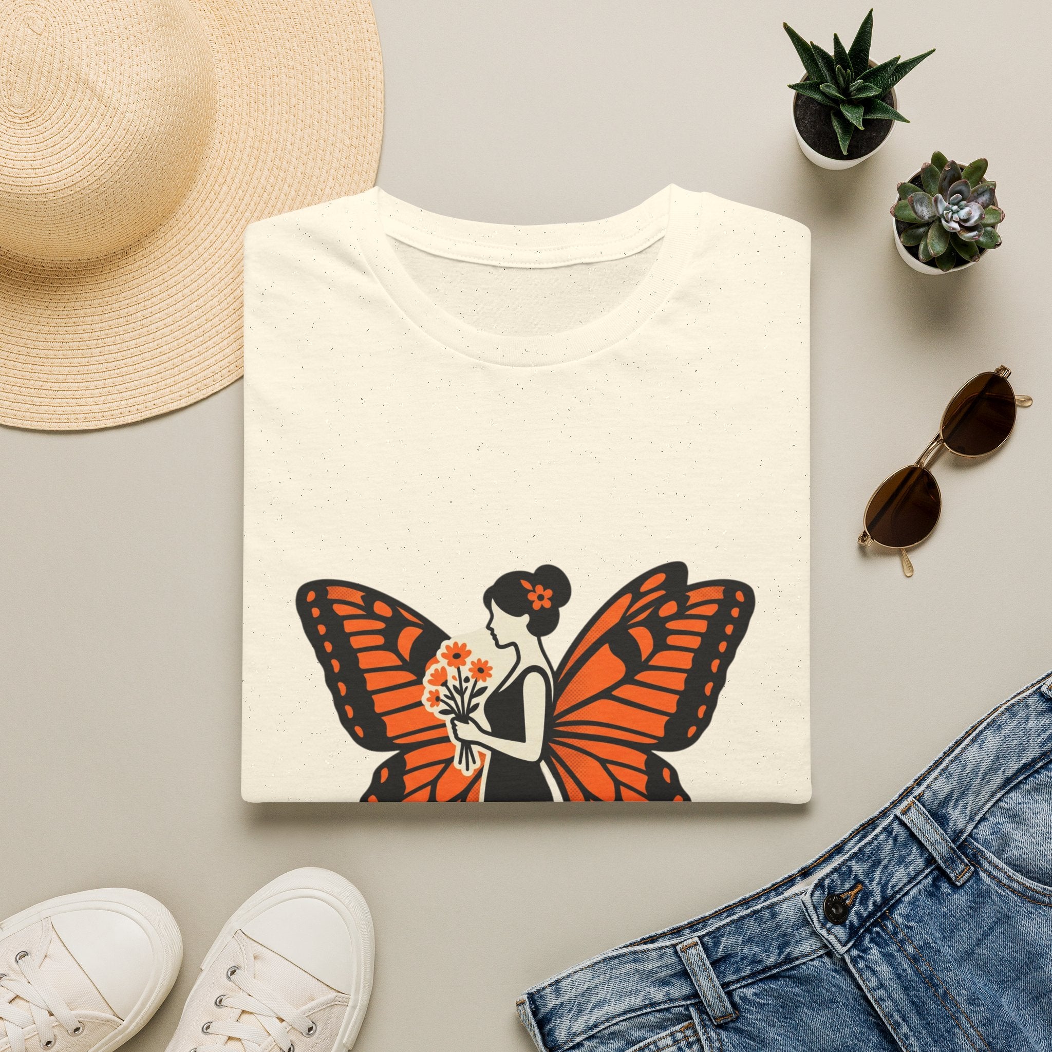 Monarch Butterfly Bride T-Shirt — Floral Bride with Orange Wings