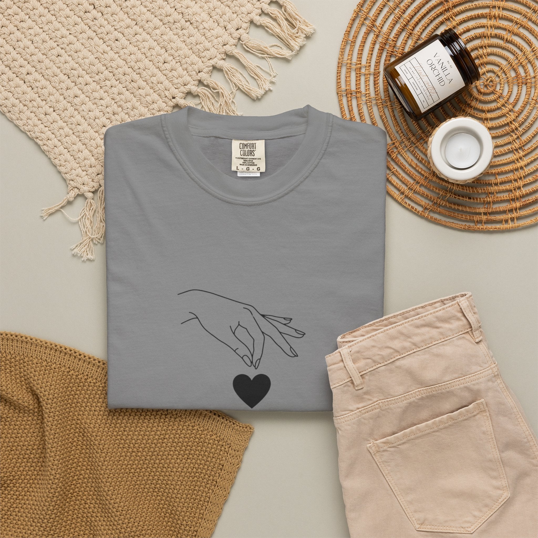 Heart Flame T-Shirt — Minimal Line Art Hands Lighting Heart Graphic