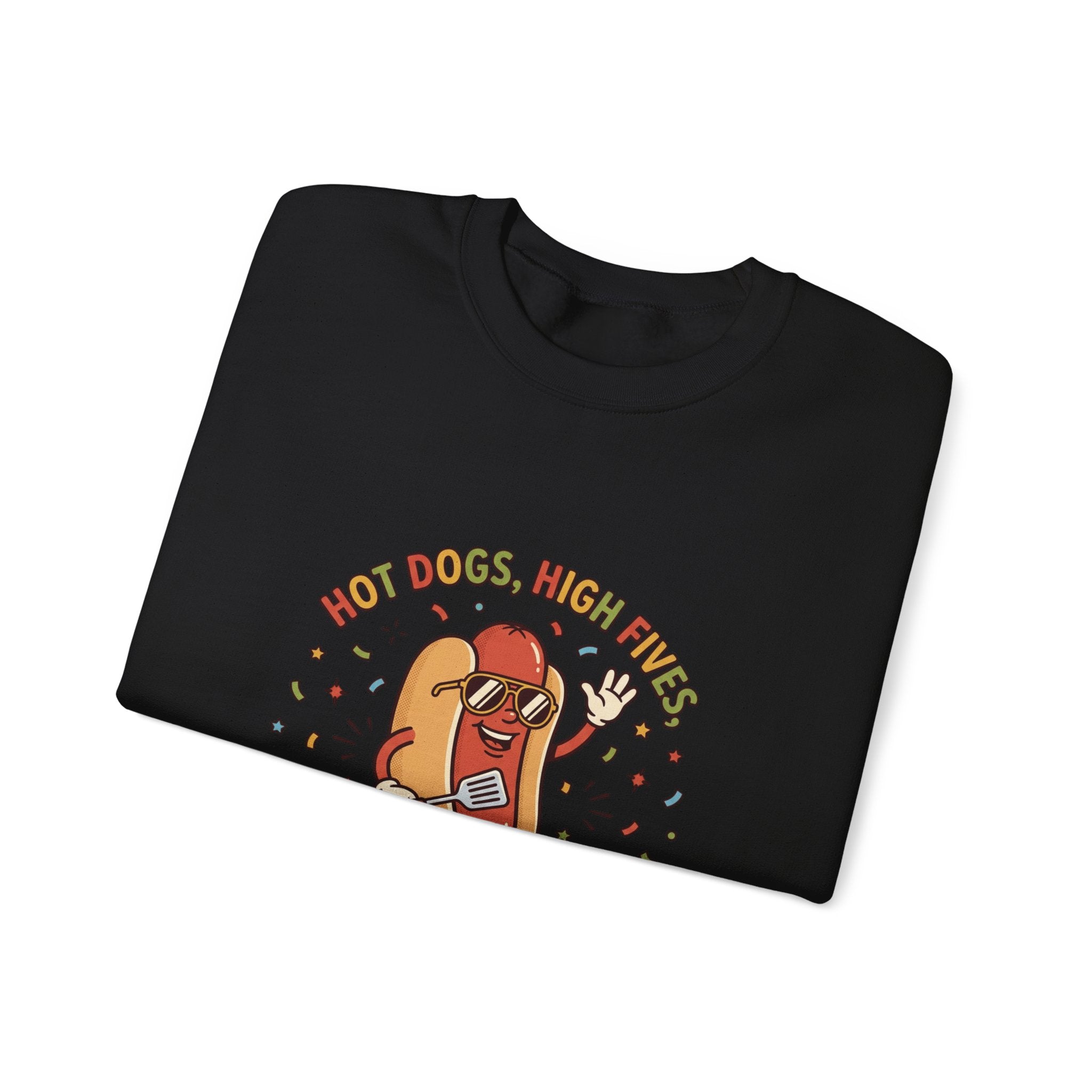 Hot Dog, High Five Rundhals-Sweatshirt | BBQ Vierter Juli, Retro Patriotische Hot-Dog-Witze
